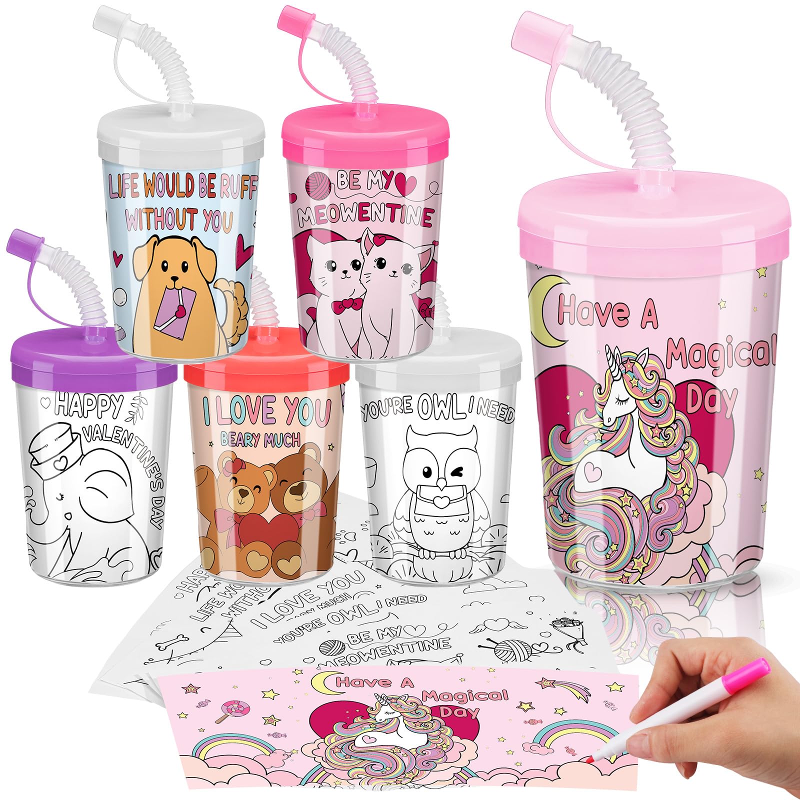 Nitial 24 Pcs Valentine Color Your Own Cups for Kids DIY Valentine Plastic Cups 8 oz DIY Color Cup with Lids and Straws for Boys Girls Valentine's Day Party Favors Classroom Exchange Gifts