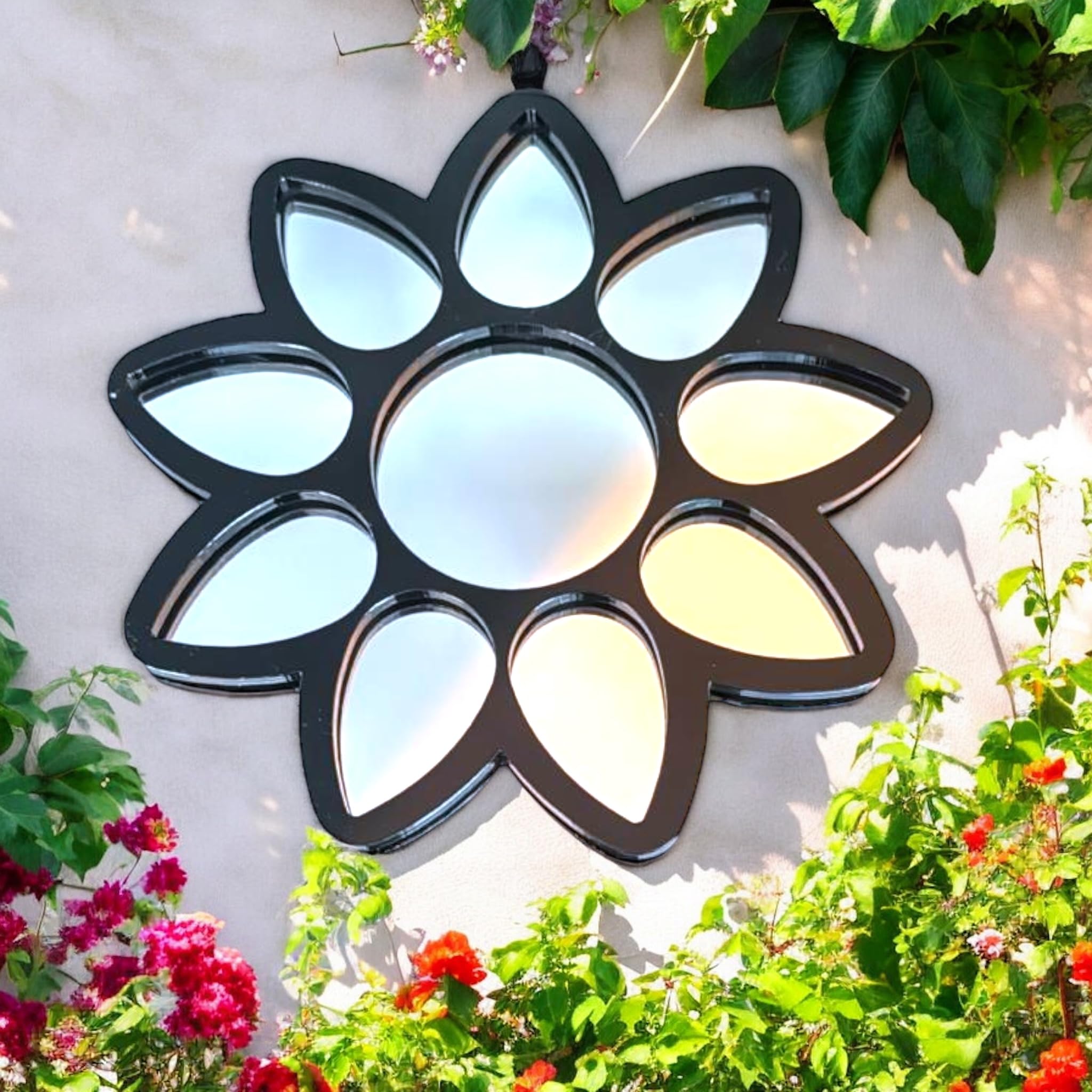 Miroir de jardin décoratif en forme de fleur, 38 cm, mur extérieur encadré