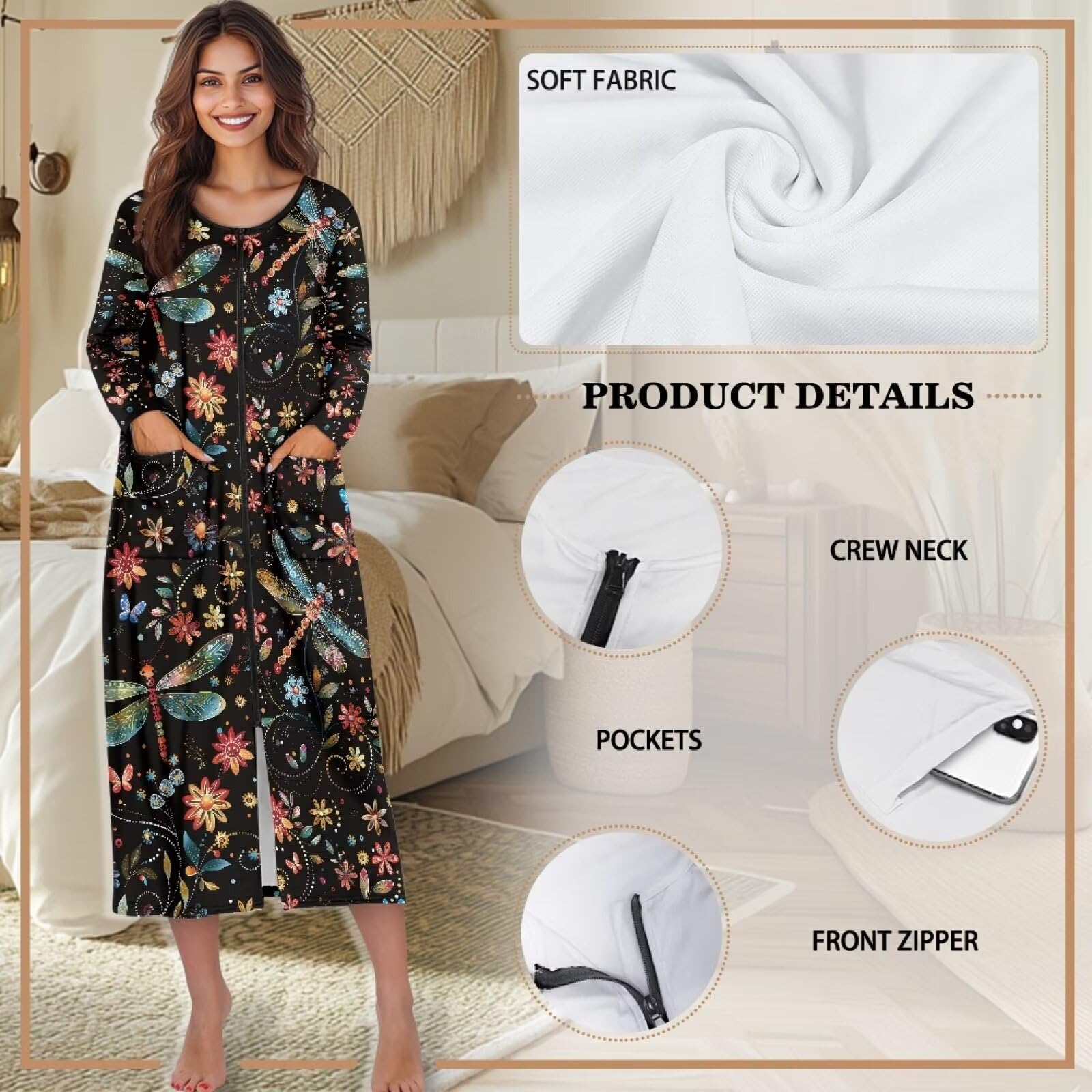 Damen-Hausmantel mit Reißverschluss vorne, langärmelig, Nachtwäsche, Bademantel mit Tasche, weiche Loungewear, Größe S-4XL