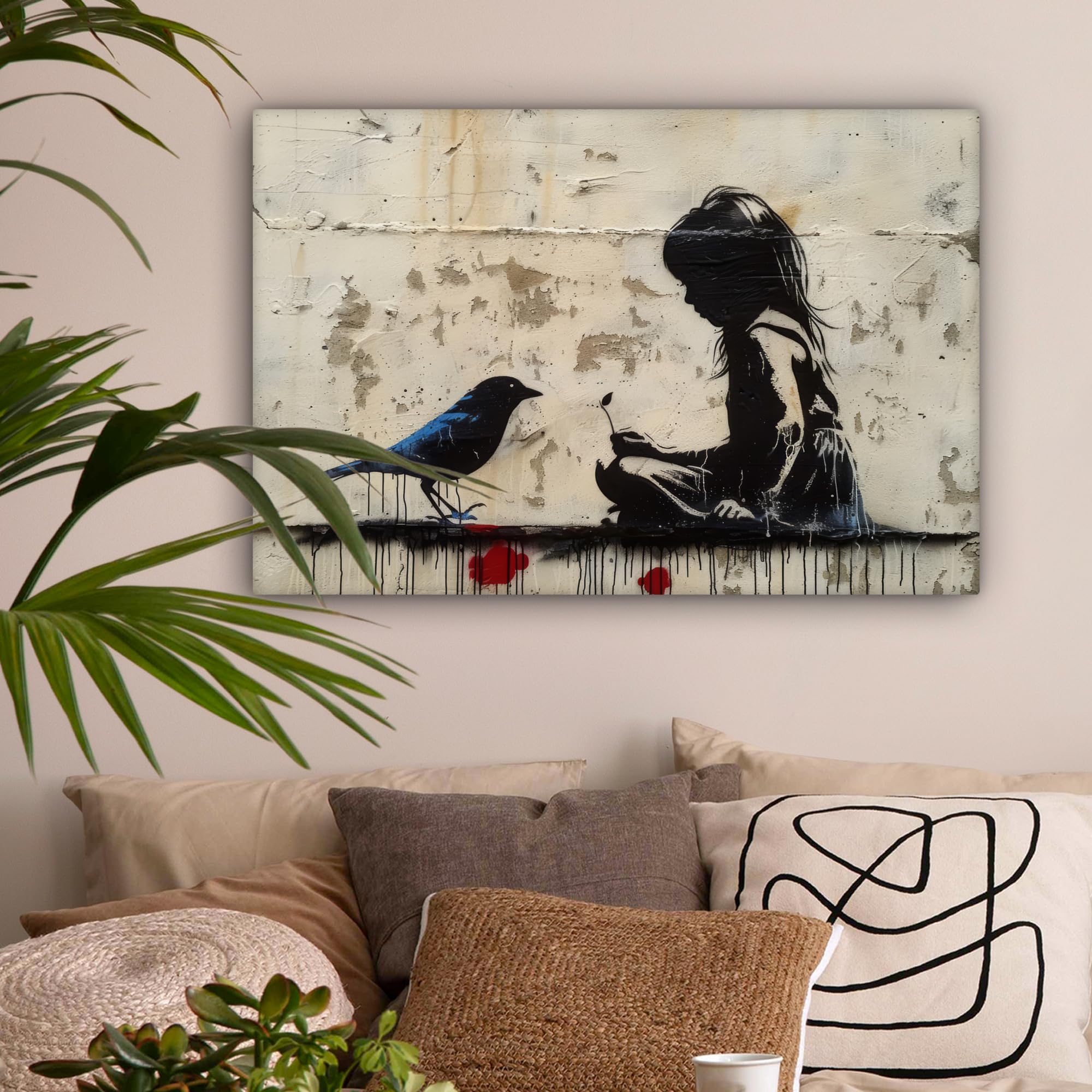 Banksy MuchoWow Tableau Mural 60x40 cm Toile Street Art Fille Oiseau Graffiti