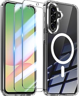 جراب حماية 3 في 1 مغناطيسي مضاد للصدمات من بولي يوريثين مقاوم للحرارة متوافق مع سامسونج جالاكسي A56 شبكة الجيل الخامس 5G مزود بتقنية ماج سيف وقطعتين من فيلم حماية من الدرجة العسكرية من يسرليري، شفاف