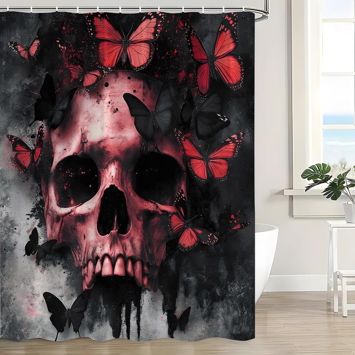 Skull Butterfly Shower Curtain Red Gothic Skeleton Halloween Vintage Spooky Gothic Black Horror Creepy Scary Dead Fabric Bath Curtain with Hook