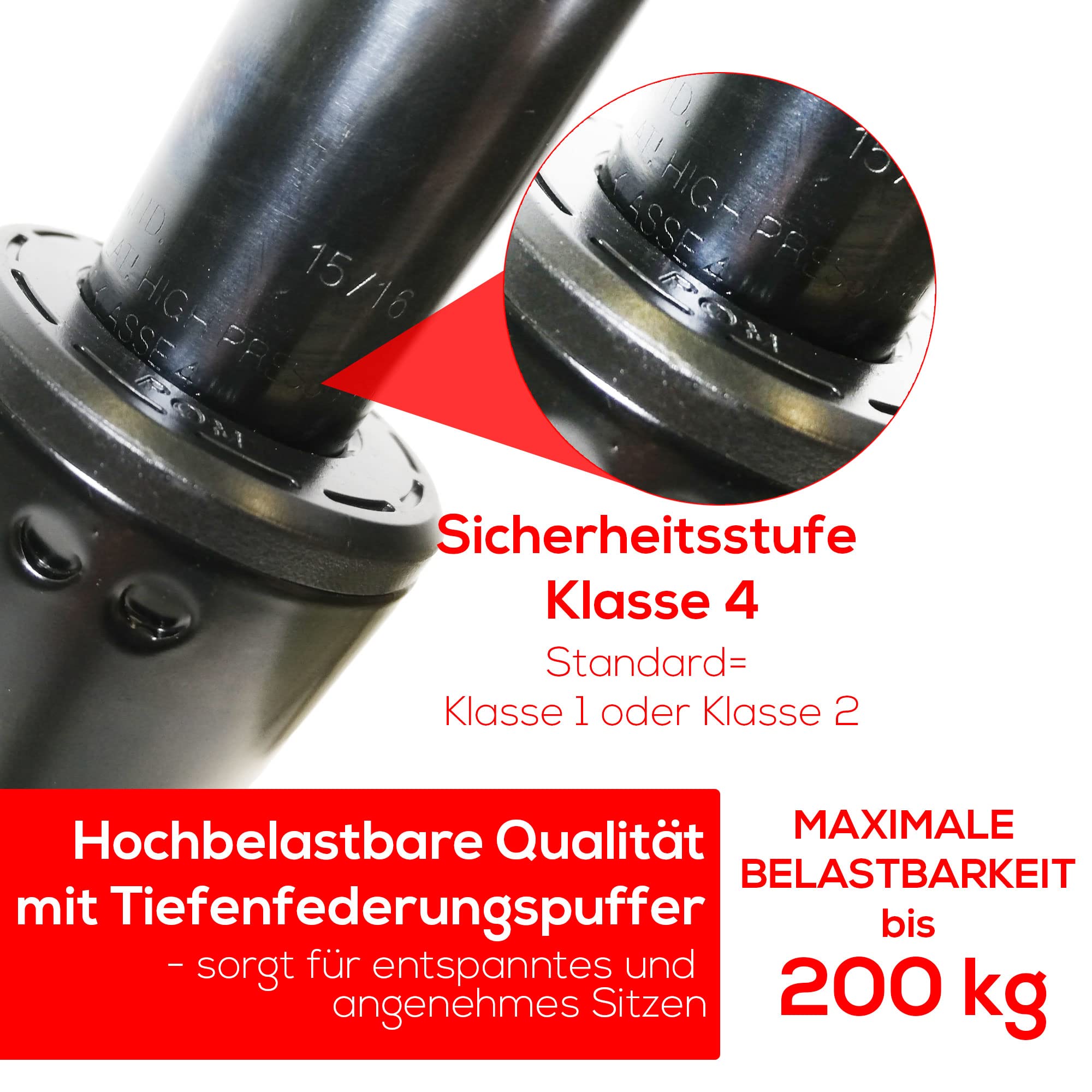Gasdruckfeder für Bürostuhl - Gasfeder Belastbar bis 200 kg - Gasdruckdämpfer für Drehstuhl, Chefsessel, Hocker, Schreibtischstuhl - Gasfedersäule Bürostuhl, Standrohr-Länge:230 mm Schwarz