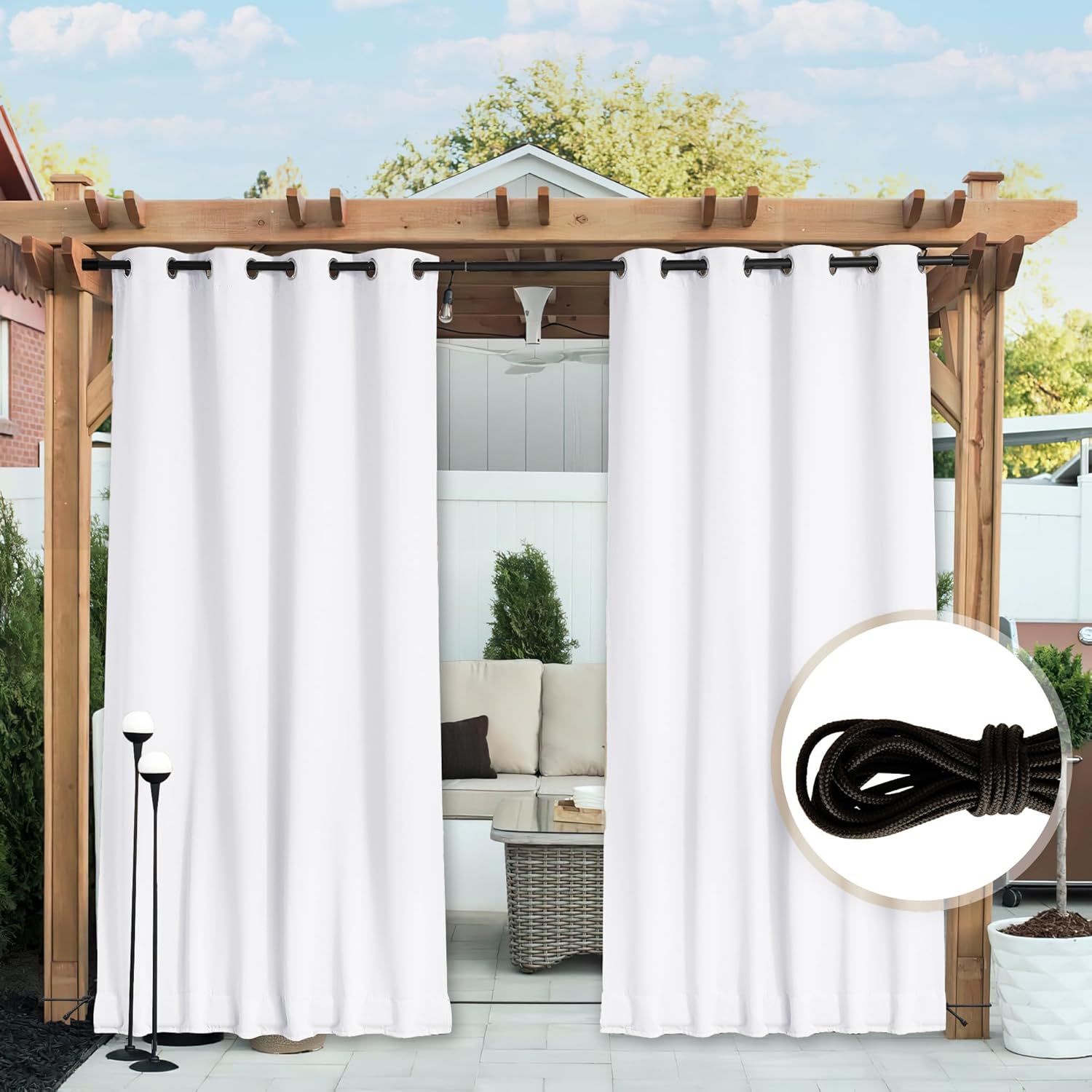 NICETOWN 2 Panels Outdoor Curtains Waterproof Fixed Grommet/Back Tab on Top & Bottom, Thermal Insulated Windproorf Sun Blocking Outdoor Drapes with Rope for Patio/Gazebo, W52 x L84, Pure White