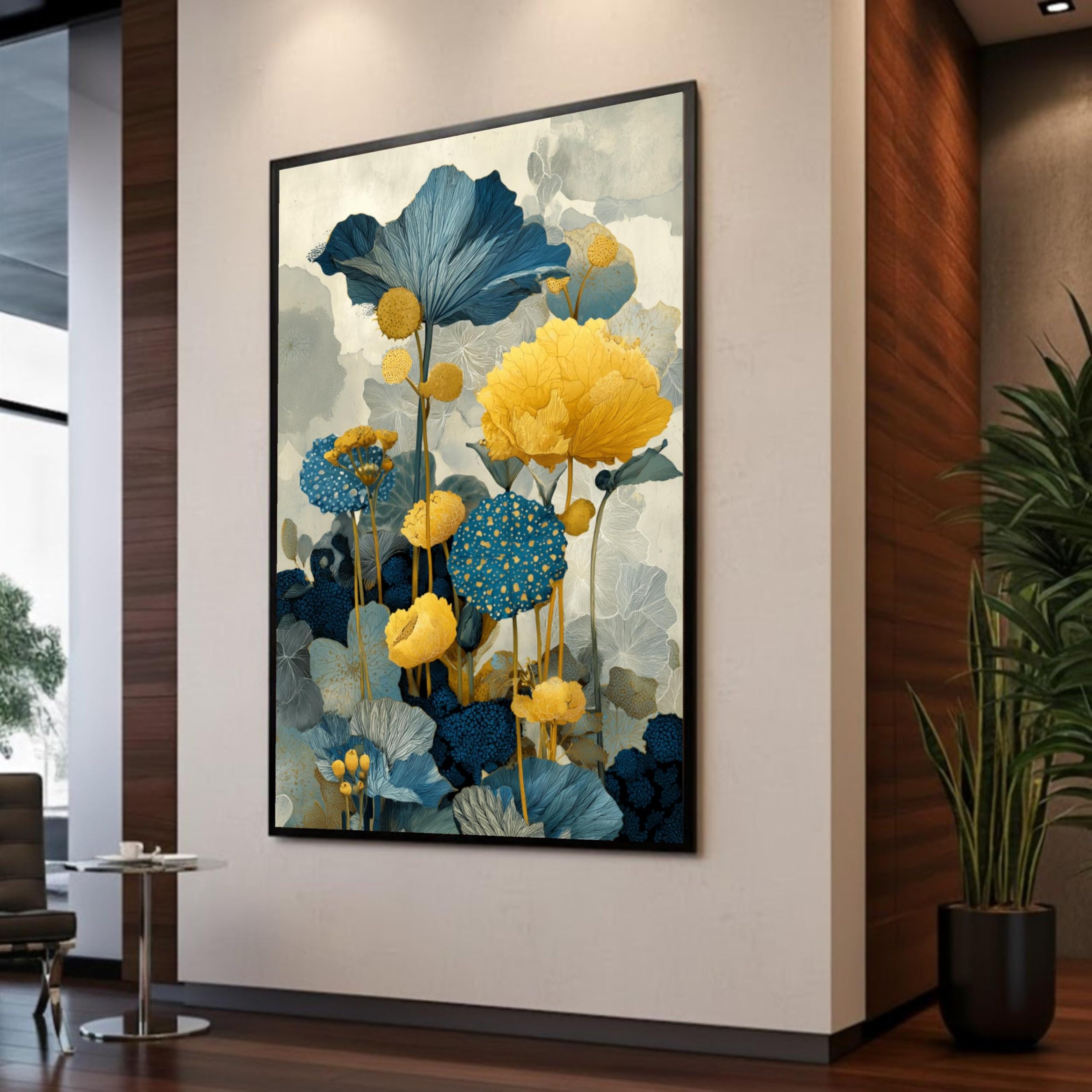 CAOXTART Nowoczesny obraz na płótnie niebieski i żółty kwiatowy wzór abstrakcyjny obraz botaniczny na płótnie, współczesna dekoracja domu (40 x 60 cm/wewnętrzna rama)