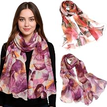 Chiffon Scarves for Women, 2 Foulard Georgette Lightweight Chiffon Scarves with Purple and Yellow Floral Leaves Print for Spring, Autumn, Winter and Summer