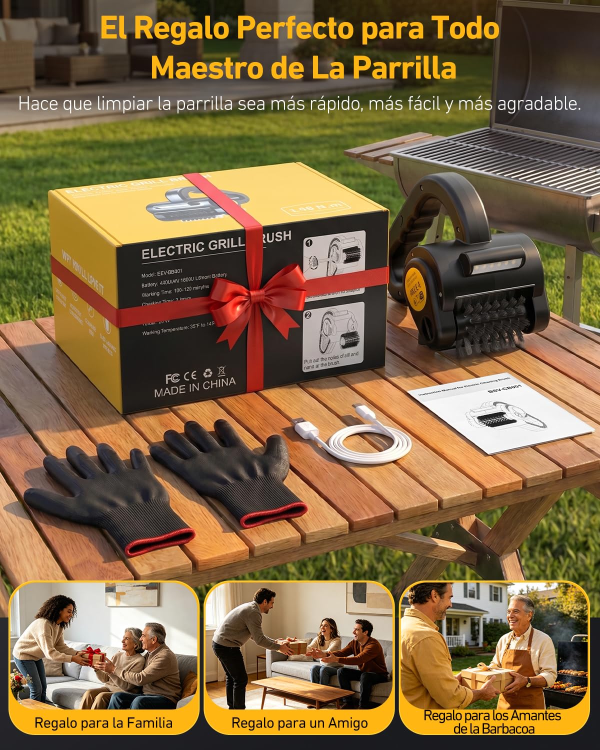 Cepillo Eléctrico para Barbacoa, Limpiador de Parrilla Inalámbrico Recargable con Cabezal Acero Inoxidable, Luz LED, 150 Min de Autonomía, 4400mAh Electric Grill Brush BBQ para Todo Tipo de Parrilla