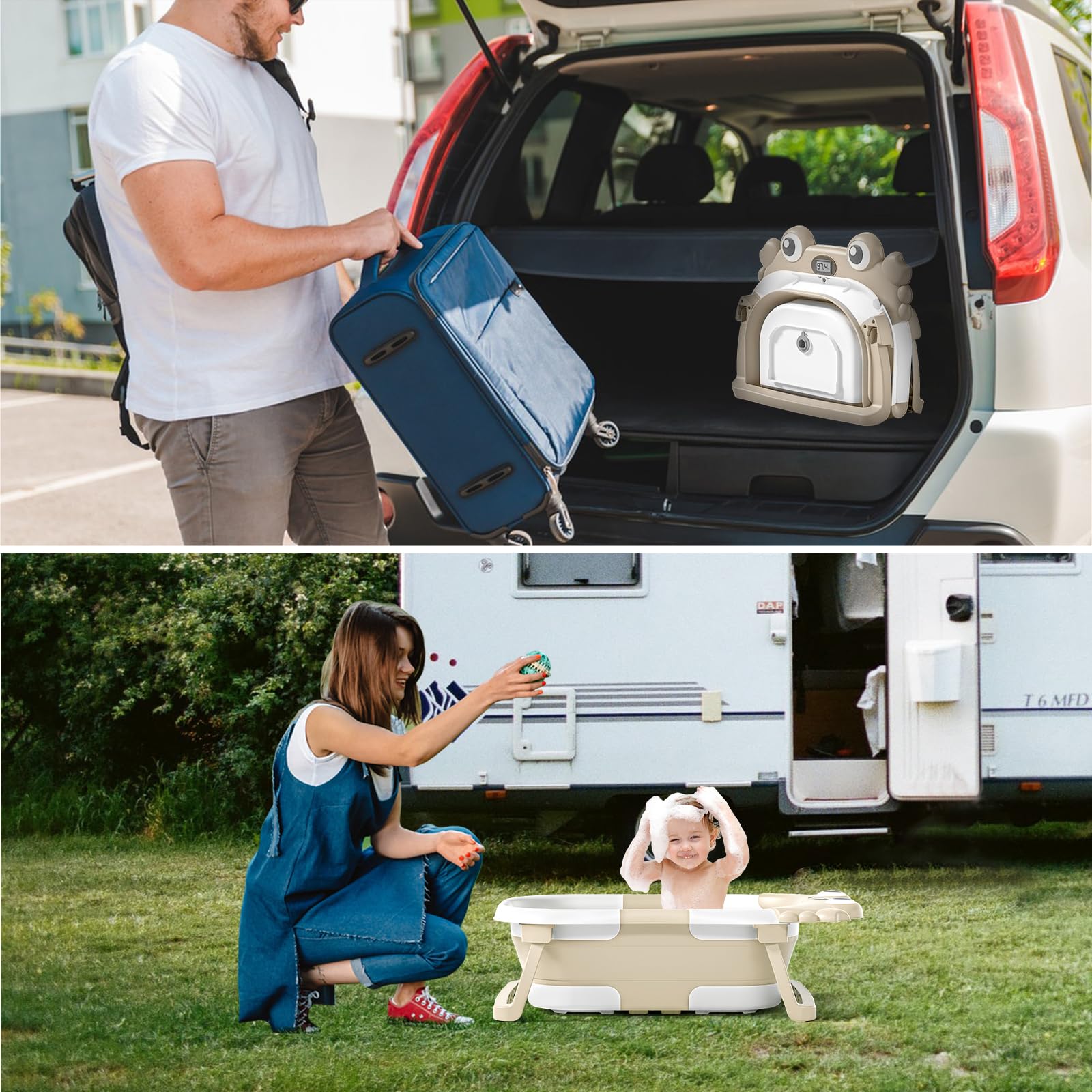 Bañera plegable para bebés y niños pequeños con monitor de temperatura en tiempo real + cojín flotante, juego de bañera plegable para bebés de 0 a 36 meses, bañera portátil de viaje para recién