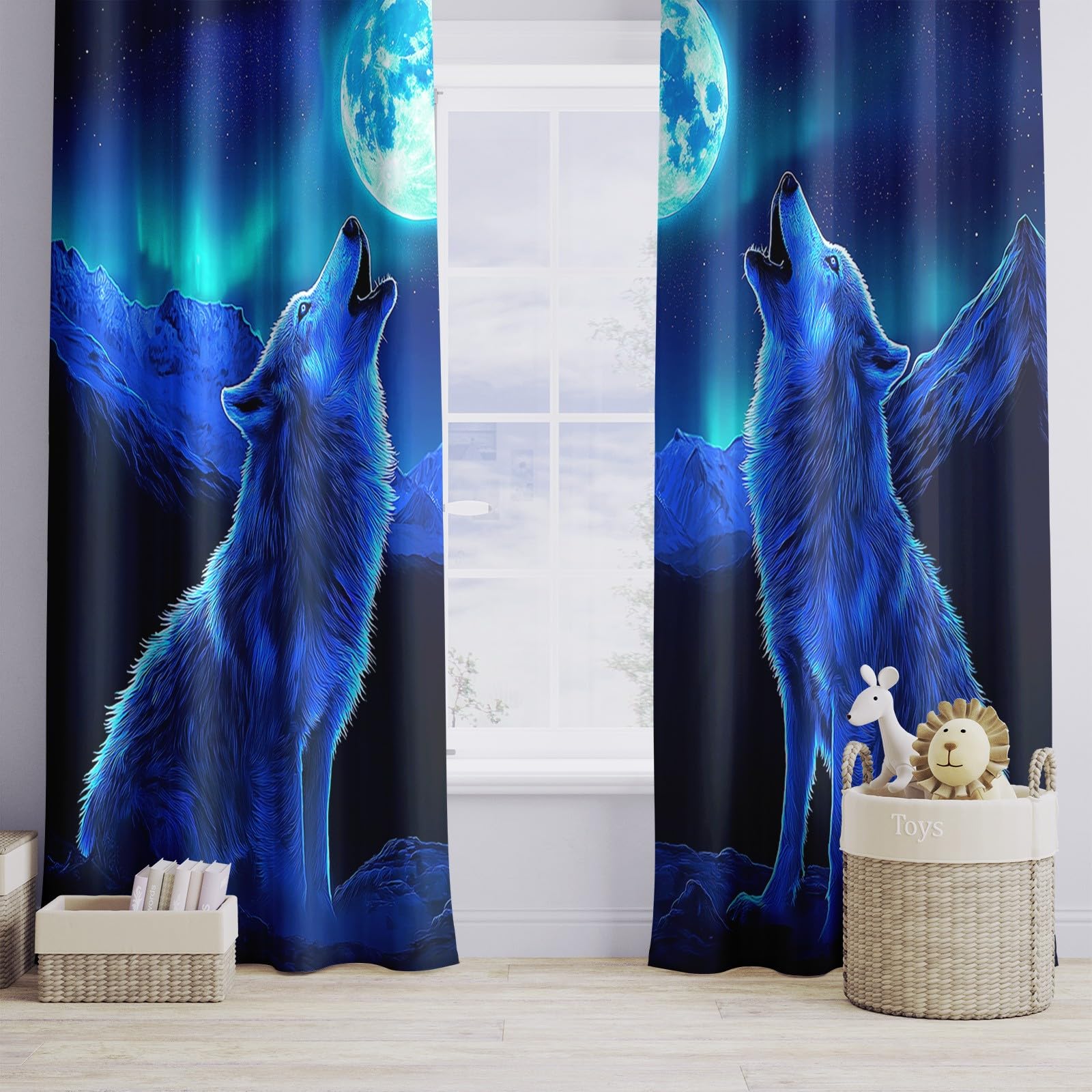 Tenda oscurante con motivo lupo e lupo, oscurante, con occhielli, per soggiorno e camera da letto, 220 x 215 cm