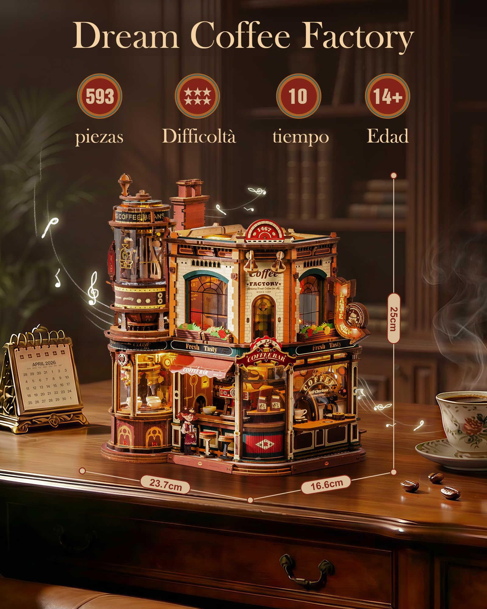ROBOTIME Rompecabezas de madera 3D para adultos - Fábrica de café de ensueño, kit de construcción en miniatura con música, luces y escenas animadas, casa en miniatura/rincón de libros café EAB02