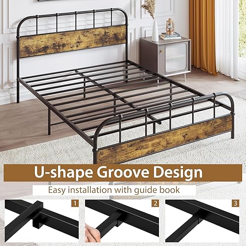 Miniatura 6 de Giantex Base de cama de metal tamaño Queen con cabecera de madera, base de cama de plataforma industrial con listones de metal resistente, base de