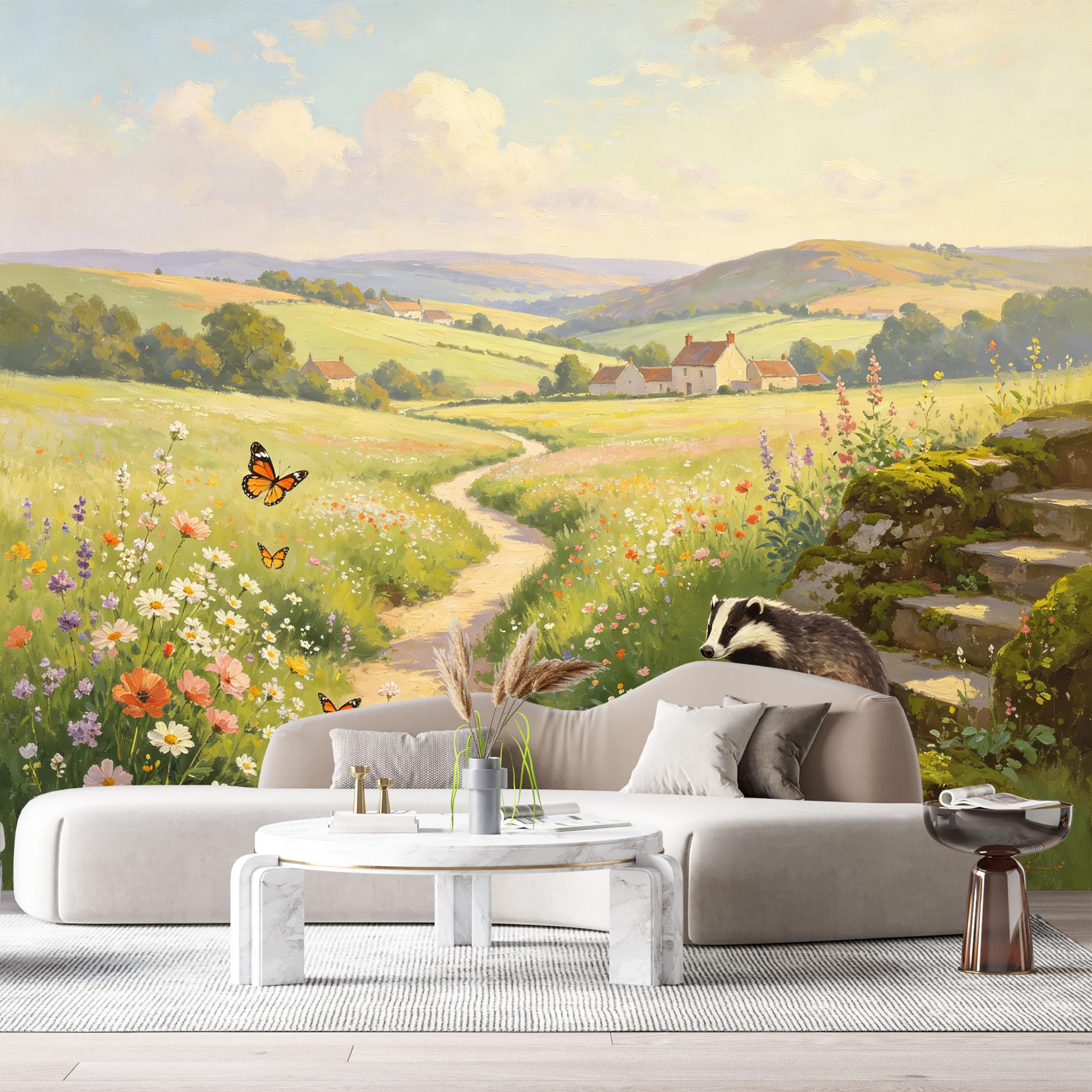 Custom Size Wall Murals Farmhouse American Country Oil Painting Wildflower Meadow Butterfly Badger Stone Steps SelfAdhesive Wall Fabric Removable Large Wallpaper for Living Room