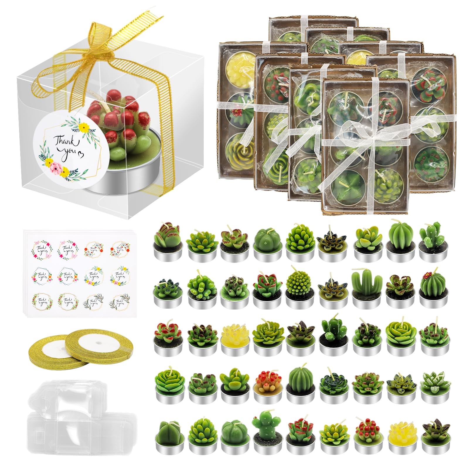 AZEAM 48 pz Candele Succulente per Feste, Decorazione da Tavolo a Forma di Cactus per gli Ospiti, Mini Piccole Tealight Fatte a Mano Set di Decorazioni per Baby Shower, Premi, Giochi, Matrimoni