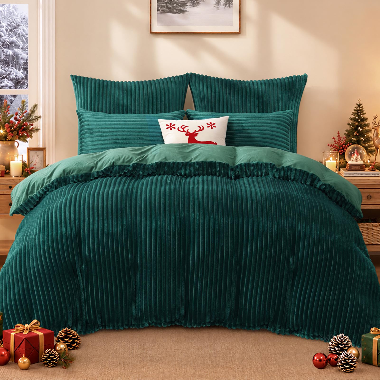 Duvetnova Weihnachts Flanell Bettwäsche 155x220 ÖKO-TEX Warme Plüschige Flauschige Winter Bettwäsche, Bettwäsche-Sets Grün Dunkelgrün 1 Bettbezug 155x220 + 2 Kissenbezüge 80x80 mit Reißverschluss
