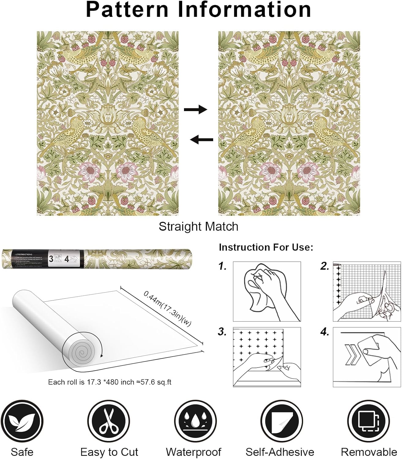 Simon&Siff William Morris Peel and Stick Wallpaper 17.3 x 480in Vintage Floral Birds Strawberry Wall Paper Self Adhesive Removable Botanical Waterproof Contact Paper for Bedroom Kitchen Cabinets