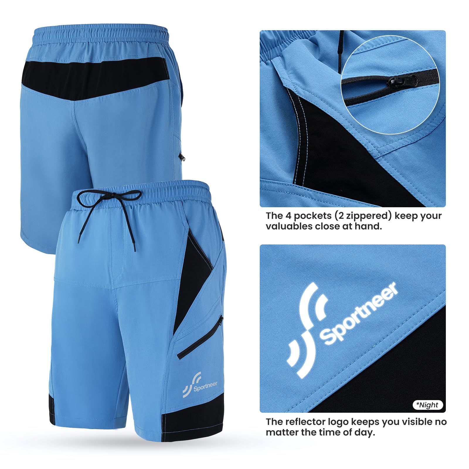 Sportneer MTB, Pantaloncini da Ciclismo da Uomo, Imbottiti, Pantaloncini da Ciclismo da Uomo, Foderati in 3D, Mountain Bike, Ciclismo, Sport, Ciclismo all'aperto