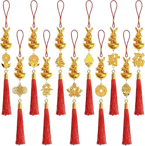 VAIPI 11 dijes de conejo de Año Nuevo chino 2023 con nudo chino rojo de la suerte monedas de cobre lingotes dorados decoraciones de moneda china