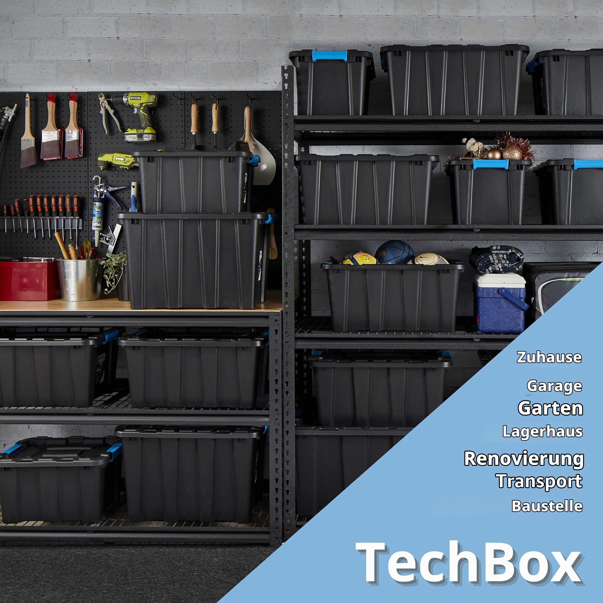 IDEA HOME TechBox HD 40L Aufbewahrungsbox mit Deckel – Schwerlast-Stapelbox, Werkzeugkiste, Organizer-Box aus robustem Kunststoff in Schwarz, Set mit 5 Stück