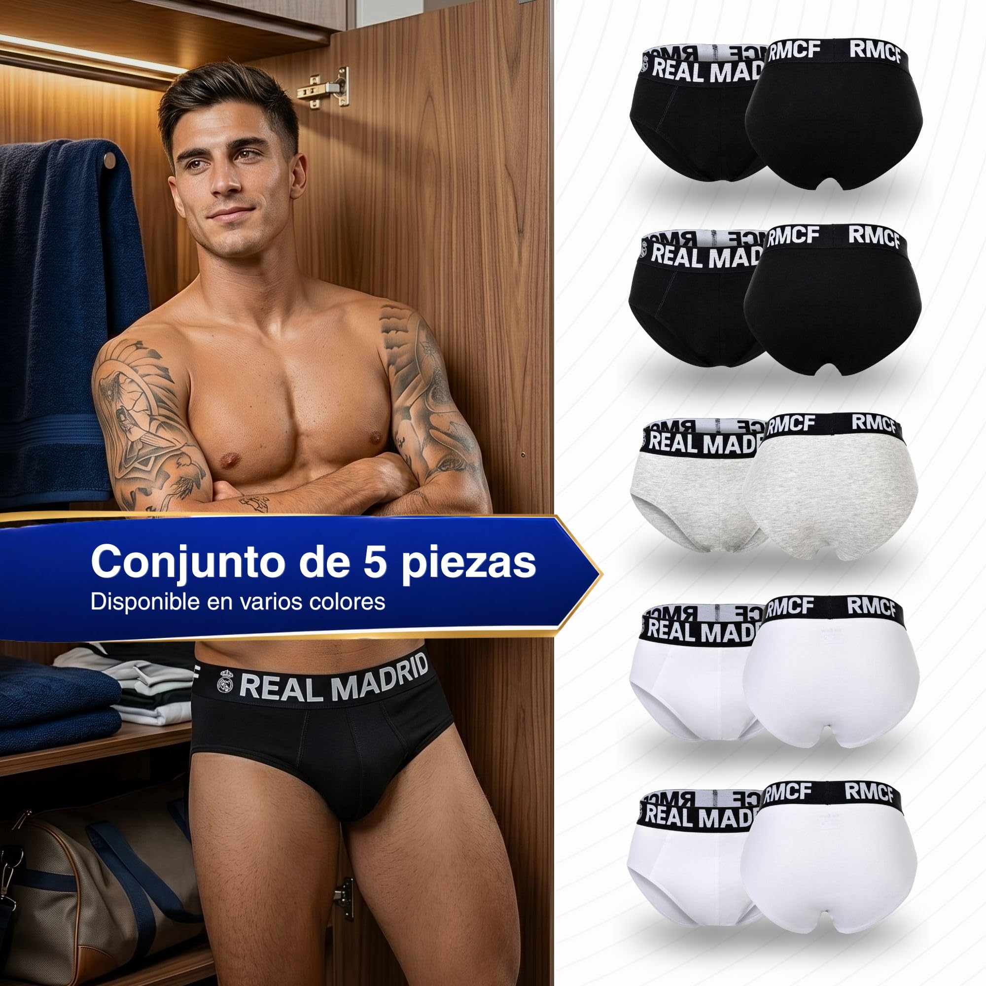 Real Madrid Slip Hombre Pack 5 – Producto Oficial con Licencia | Calzoncillos de Algodón para Hombre | Set Ropa Interior con Cinturilla Logo Oficial