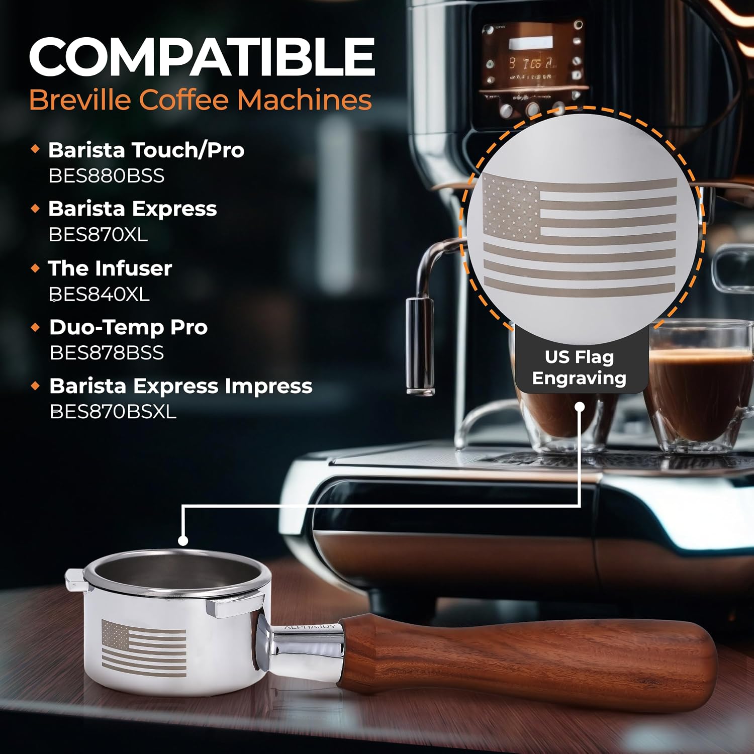 54mm Bottomless Portafilter Breville Compatible 54mm Portafilter with Unique USA Flag Engraving - Enrich Your Coffee Espresso Shot with Our Naked Lightweight Breville Bottomless Portafilter