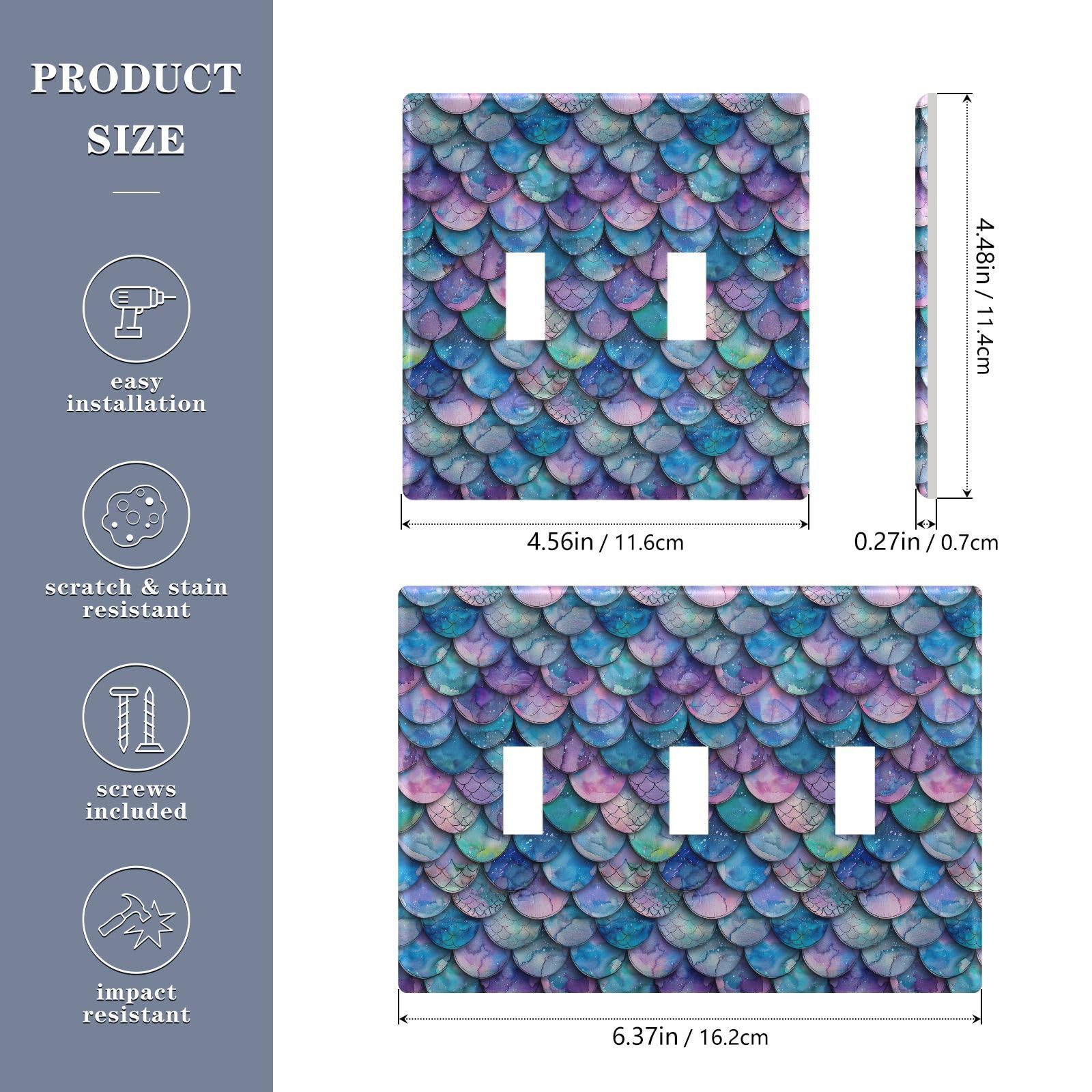 Light Switch Cover Blue Purple Mermaid Scale Wall Plates for Electrical Outlets 3 Gang 202b3369