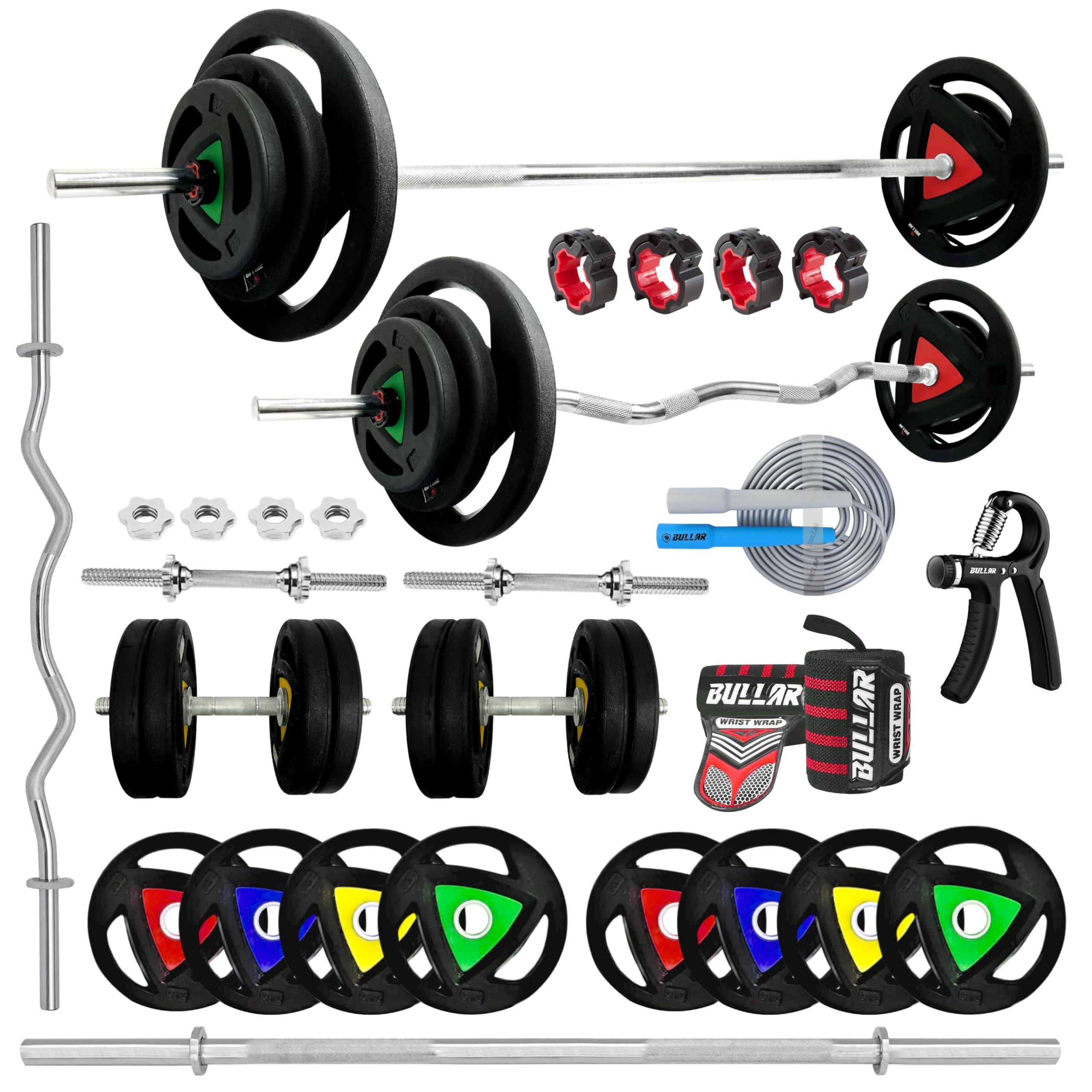 Bullar Proffessional Home Gym Set with 5Ft 28mm Bar, 3Ft 28mm Curl bar, (20kg-100Kg) Steel Plates,15" StarNut Dumbell Rod & More Gym Equipments for Home Gym Workout (70 Kg(2.5 kgX4,5kgX4,10 kgX4))-image-21