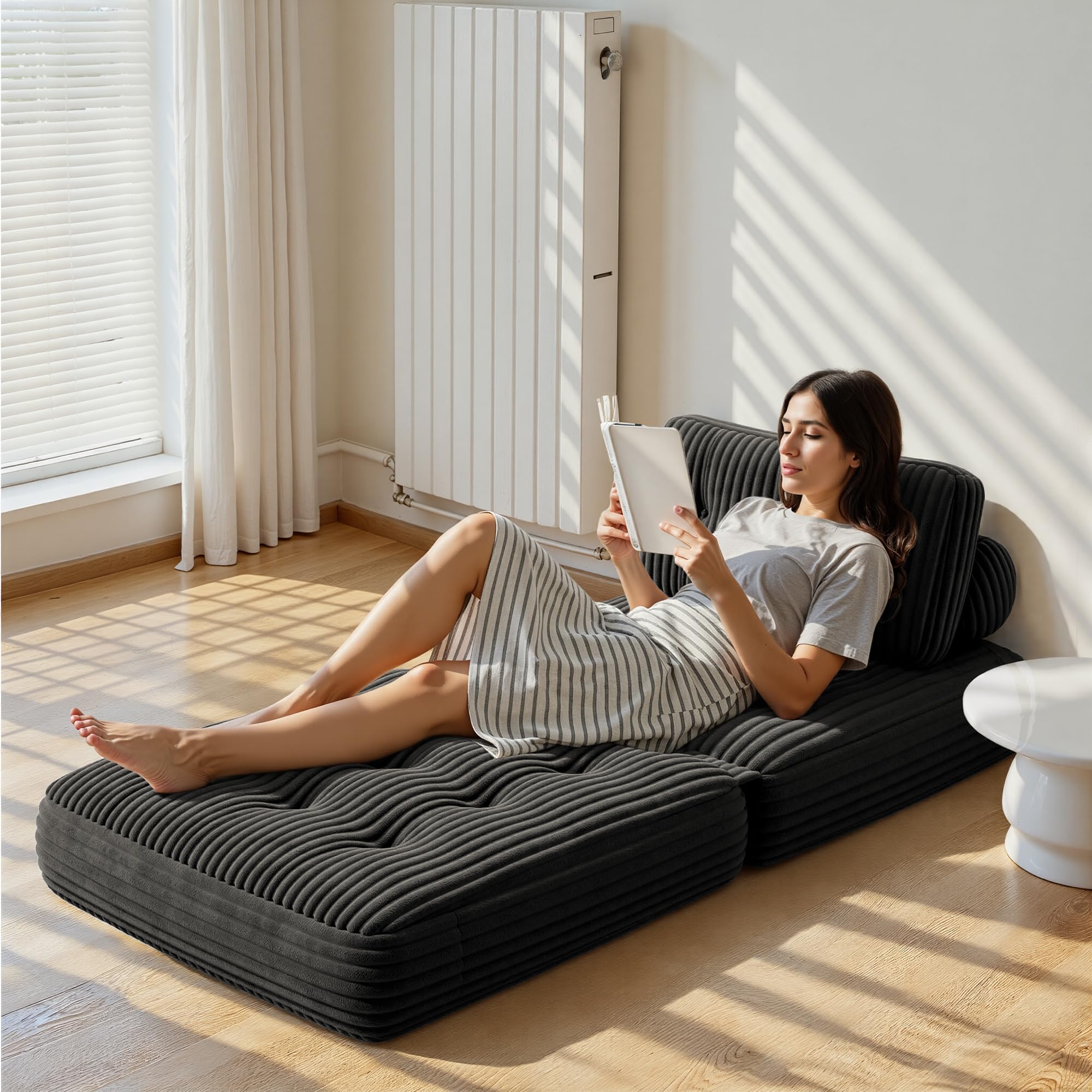 Xbro Składana sofa rozkładana z oparciem, przenośny fotel rozkładany w łóżku 2 w 1 do małych przestrzeni, sztruksowa tkanina z wypełnieniem piankowym, 190 x 85 cm rozłożony (czarny)
