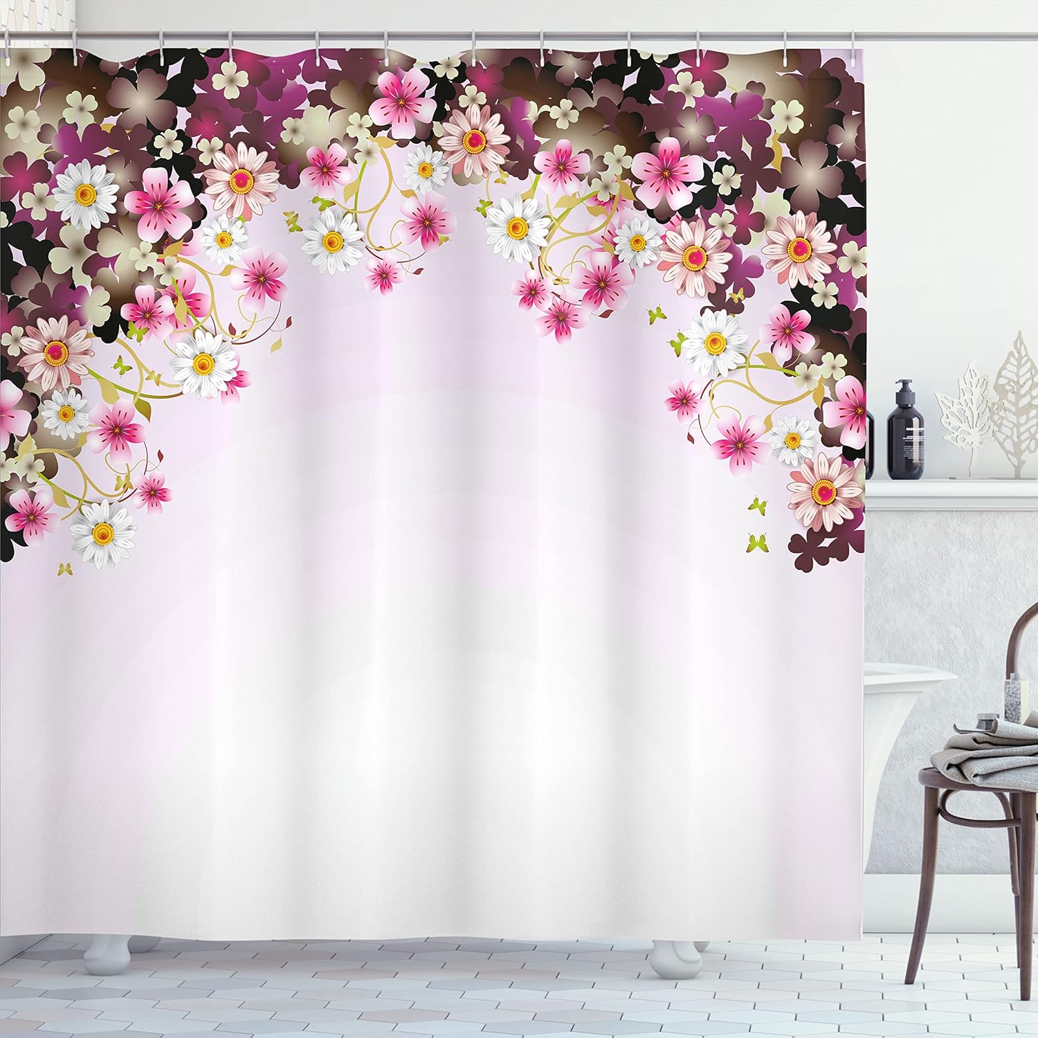 Ambesonne Floral Shower Curtain, Daisy Bouquet Botany Petals with Butterfly Wedding Valentines Romance Design, Cloth Fabric Bathroom Decor Set with Hooks, 69" W x 70" L, Pink Purple