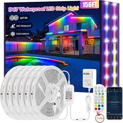 Skzlibry Tira de luces LED impermeables de 52 pies para exteriores, con control remoto RF y sincronización de música Bluetooth, cuerda de luces LED