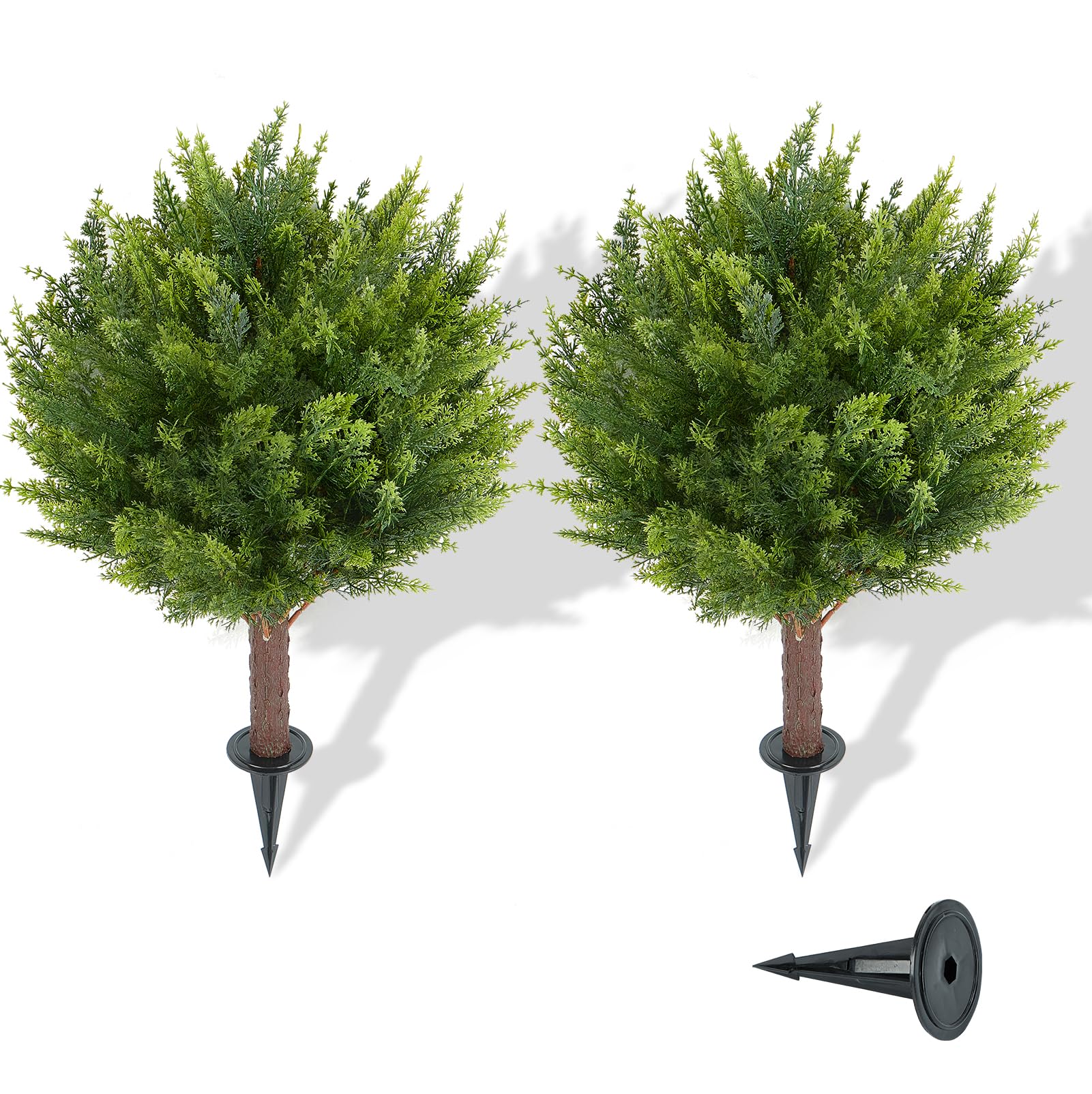 Artificial Cedar Shrub Ball Trees Two 15.8inch with Ground Spikes, can be Planted in The Ground and in pots, Outdoor Artificial Plants Resistant to UV Rays