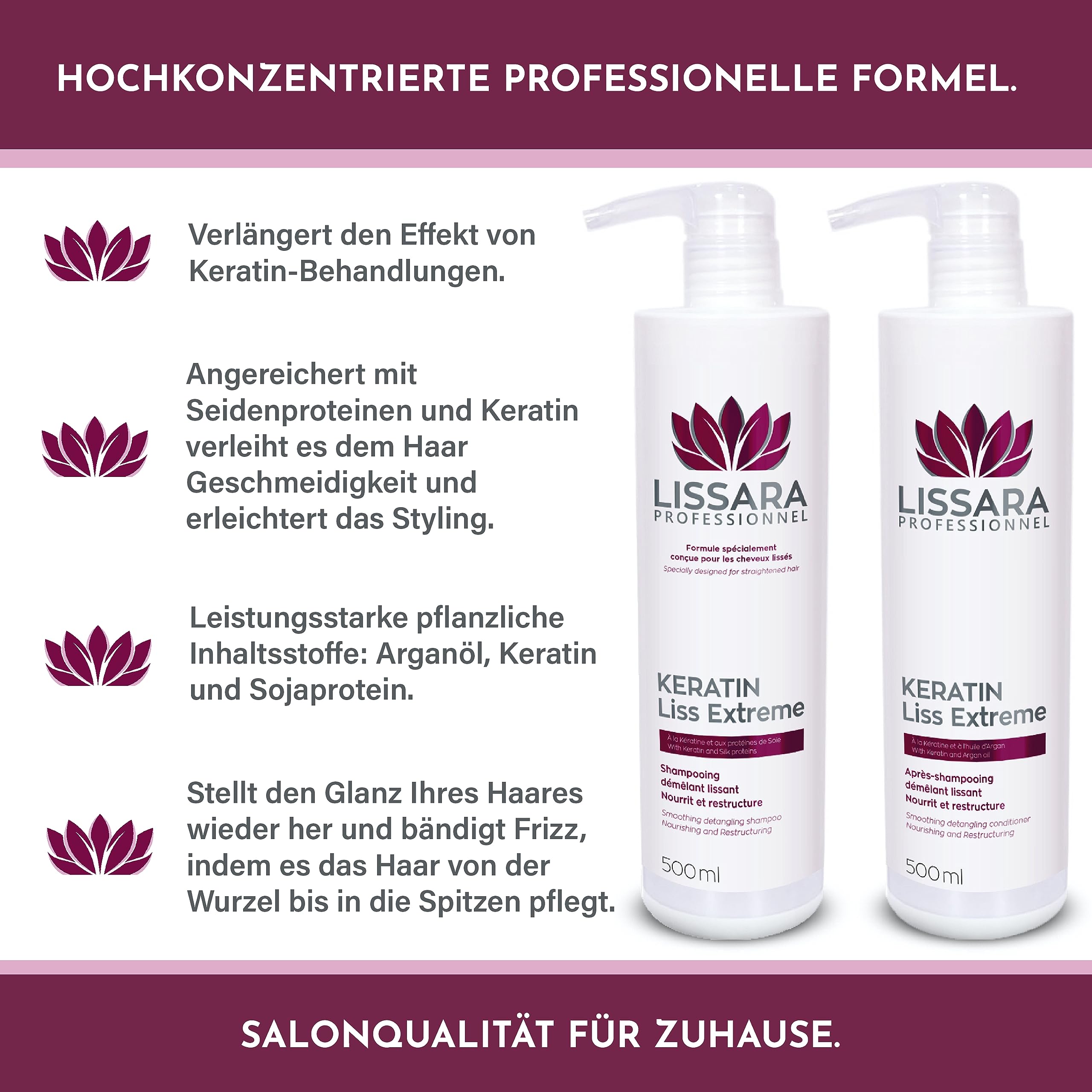 Lissara - Duo Conditioner und Shampoo ohne silikon sulfate und parabene | Shampoo Keratin-Verlängerung nach brasilianischer Blending - Made in France - 2 x 500 ml