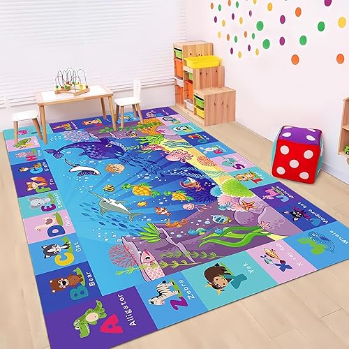 Miniatura 4 de Tapete de bebé para suelo bajo el agua, alfombra de juego ABC para niños, para sala de juegos, alfombra de juegos oceánica gateando boca abajo, no