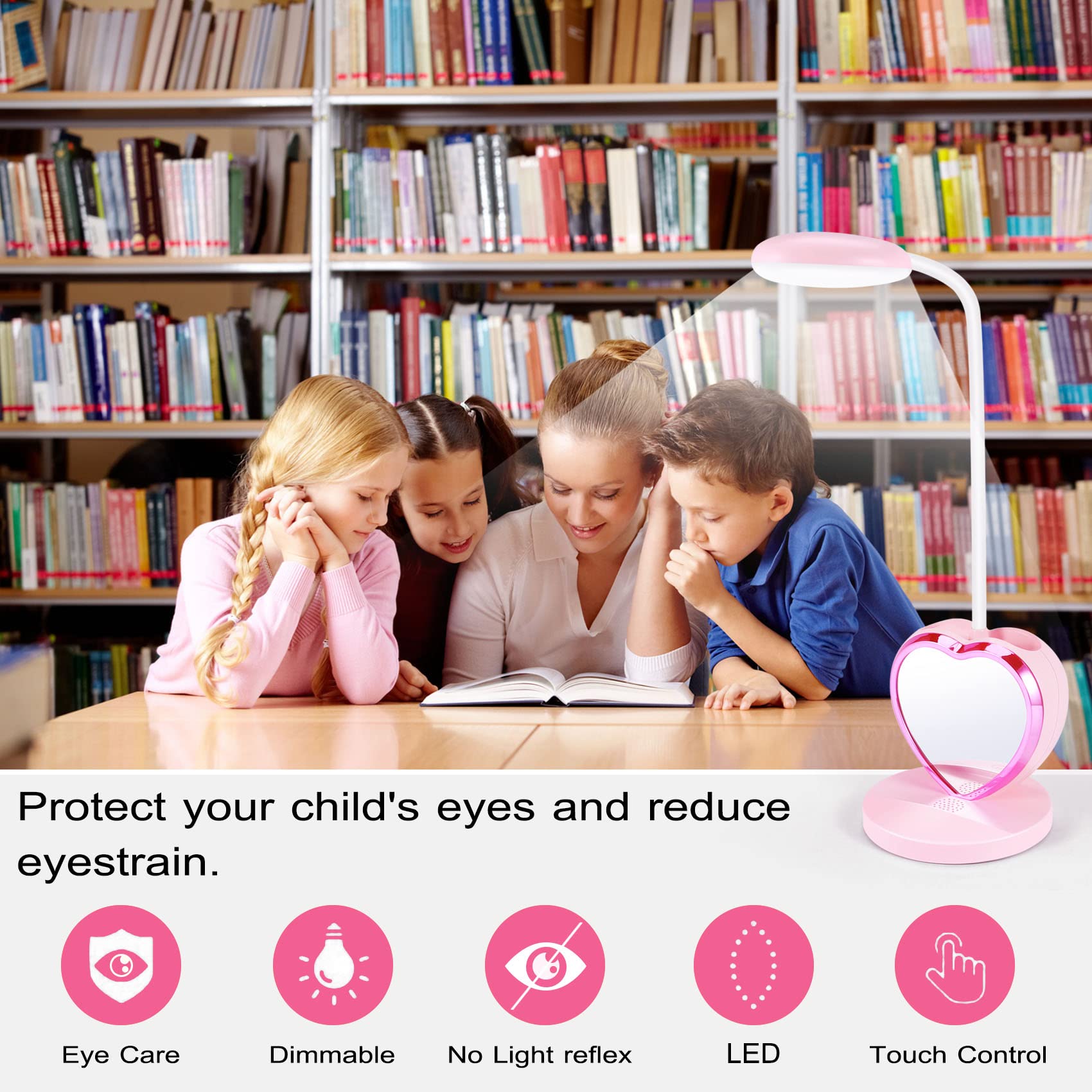LáMpara de Escritorio LED para NiñAs, LáMpara de Escritorio LED Recargable con Puerto de Carga USB y PortaláPices, Atenuable Rosa para el Cuidado de los Ojos