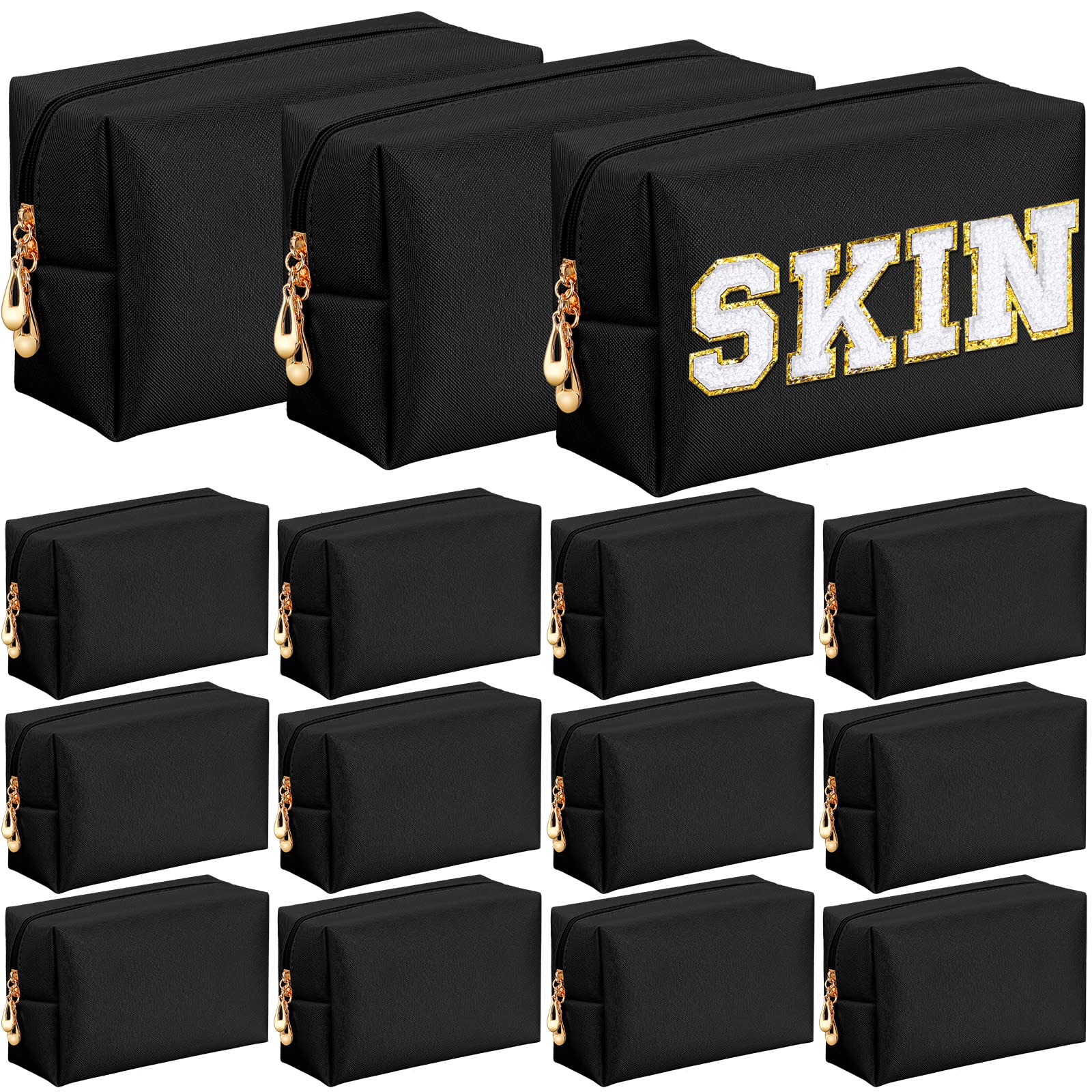 Kigeli 15 Pcs Aesthetic Makeup Bags PU Leather Cosmetic Pouches Waterproof Plain Toiletry Bags Makeup Pouches Bulk for Women Party Gift Travel Storage Organizer (Black)