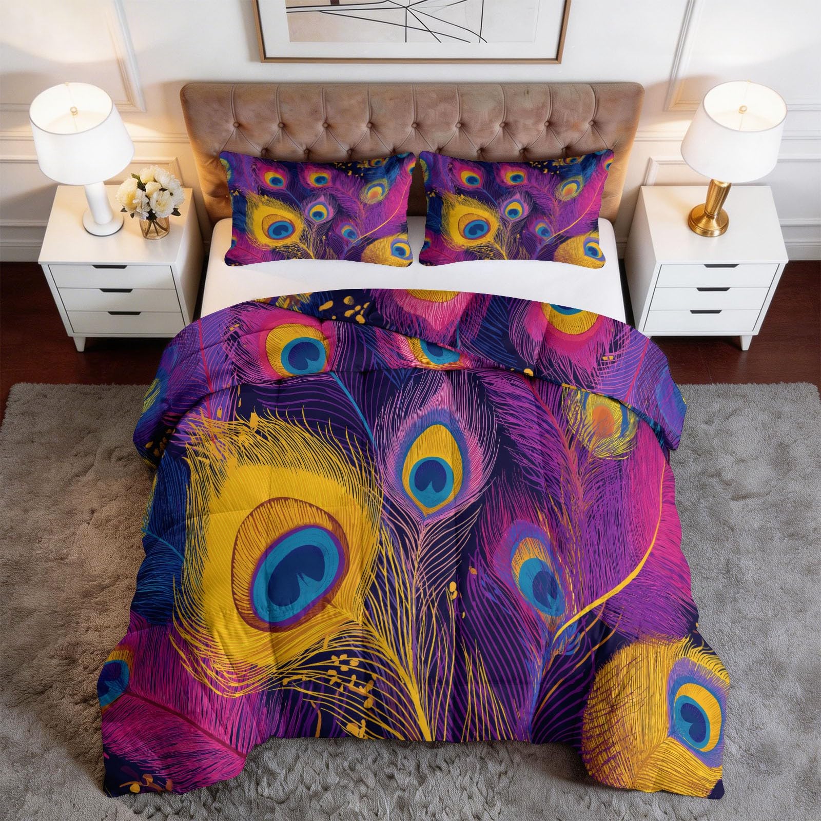 Générique Piumino trapuntato stampato a 4 stagioni, motivo: pavone, piume, 140 x 200 cm, morbido, leggero e caldo, senza copripiumino per 1 persone, Edredon reversibile, per letto matrimoniale e