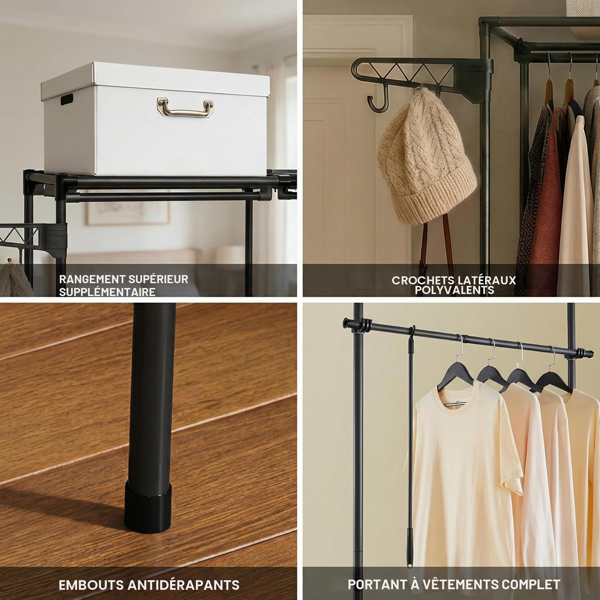 Huracan Porte-manteaux, Armoire ouverte avec penderie et étagères, Armoire debout en métal, Porte-manteaux pour la chambre à coucher, le salon et l'entrée, Noir
