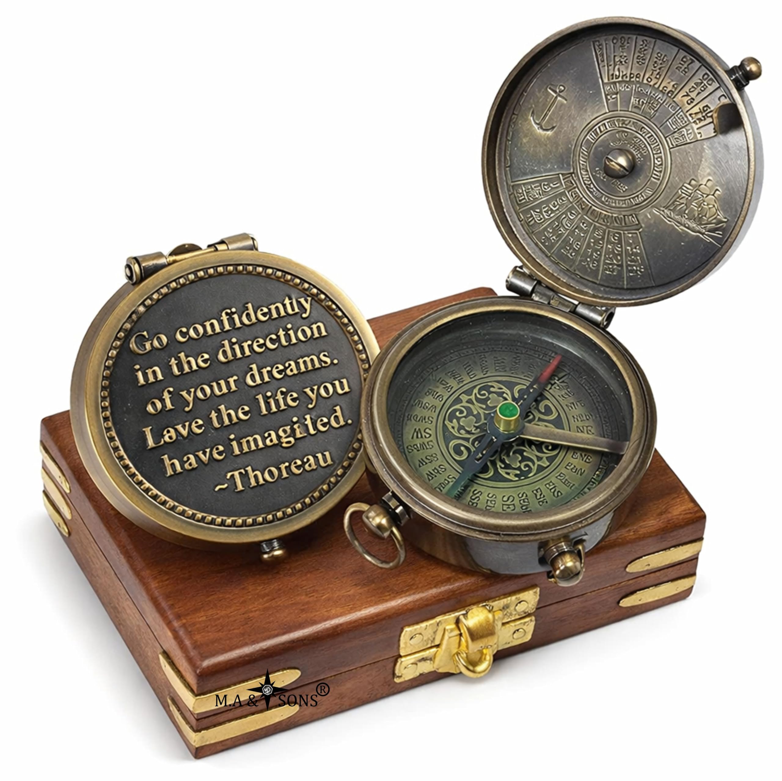 M.A & SONS Thoreau Go confidently 2'' antique brass Personalized Compass With Wooden Box ( Black Antique )