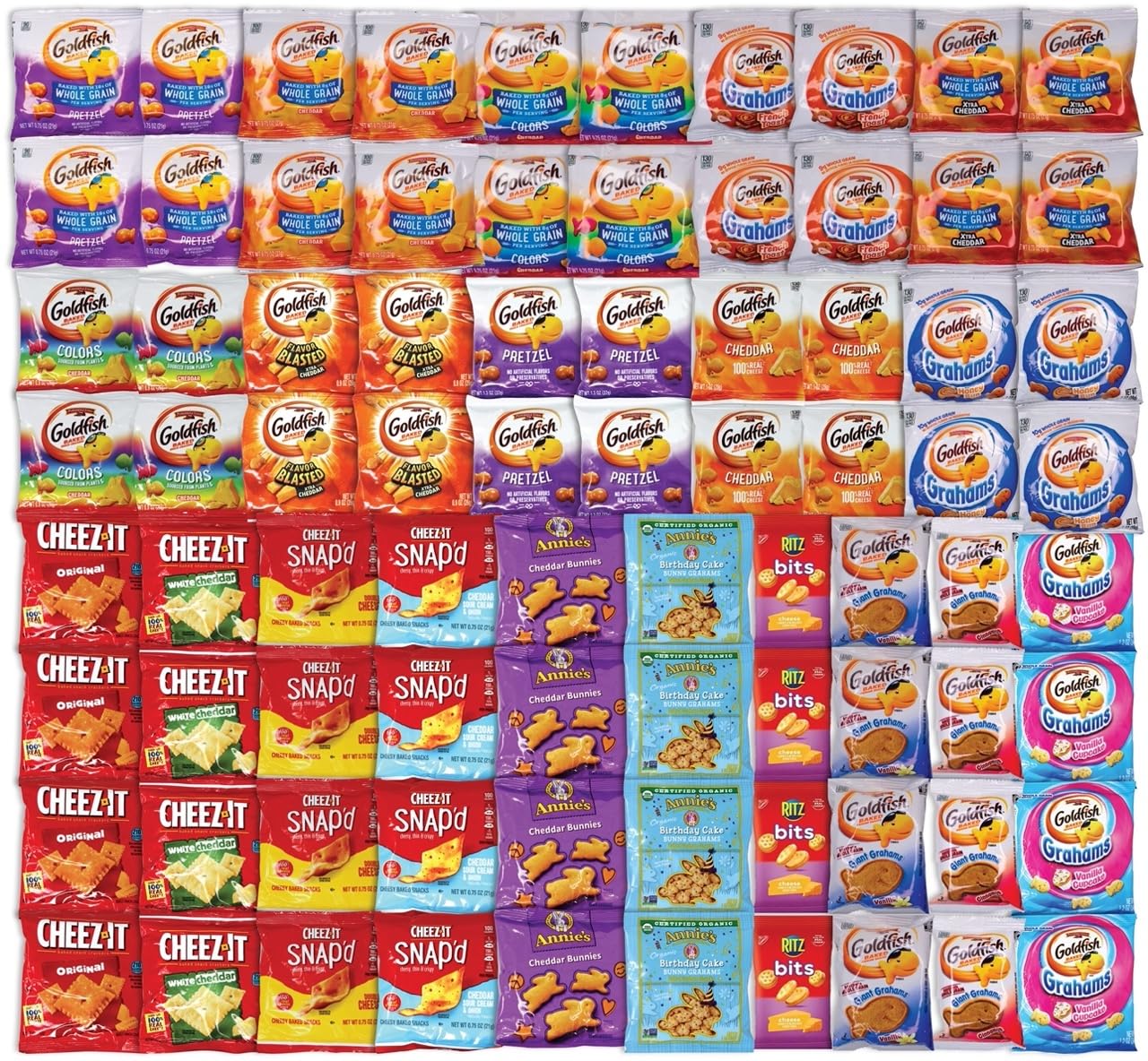 Niro Assortment | 80 Packs Individual Bags Cheese Crackers Variety Pack, Cheez-It, Gold fish, Annie's, and Ritz Bits Snack Packs | Snacks for Adults and Children
