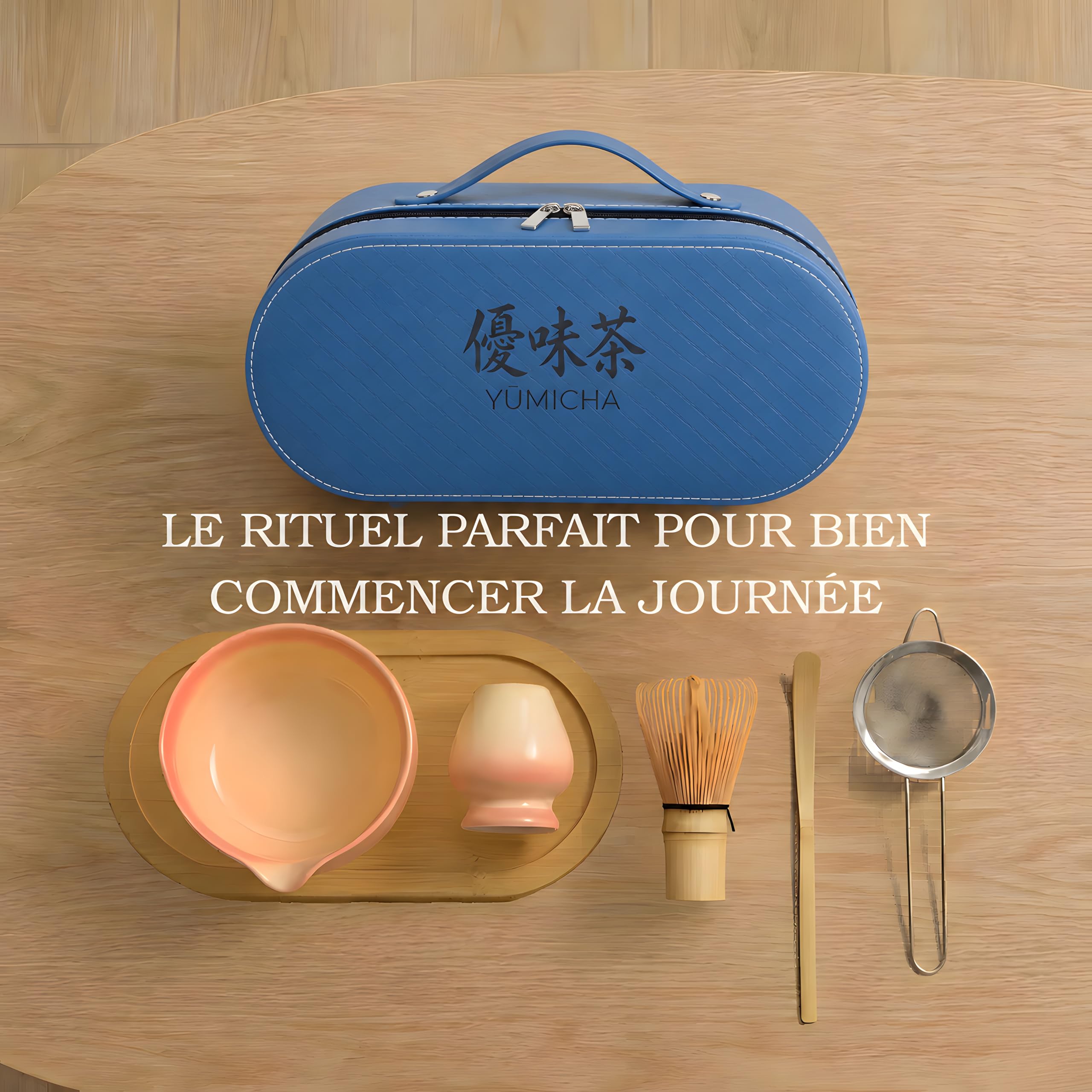 YŪMICHA KIT Matcha Japonais 7 Pièces - Coffret Cérémonie avec Mallette de Transport & Plateau en Bois - Thé Matcha – Fouet (Chasen) Bol en Céramique (Chawan), Set Matcha – Idée Cadeau Premium