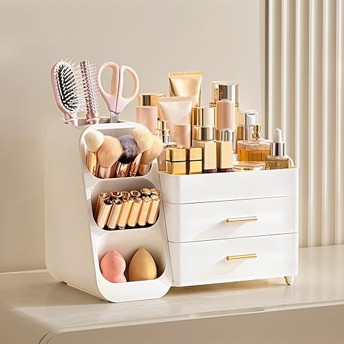 Miniatura 2 de HBlife Organizador de maquillaje con soporte para brochas para tocador, organizador grande de plástico para encimera de baño, almacenamiento para el