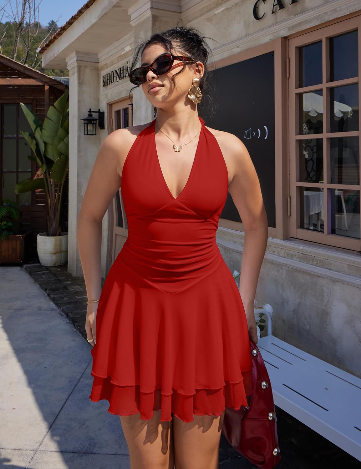 GOKATOSAU Women's Sleeveless Halter V Neck Ruched Waist Mesh Tiered Ruffle Hem Mini Dress - Image 7