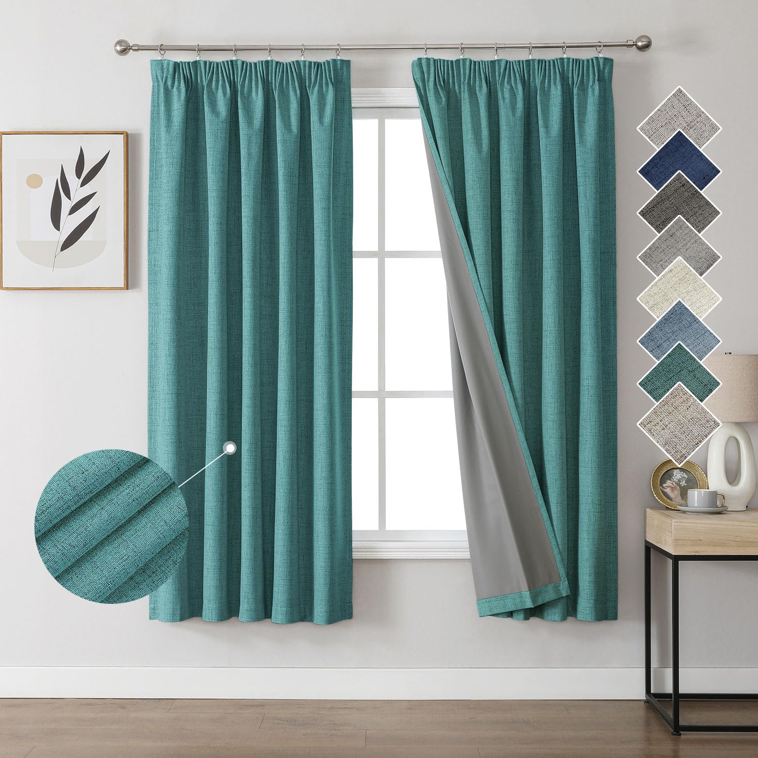 Joydeco 100% Verdunkelungsvorhänge Leinen Gardinen mit Kräuselband 2er Set H183xB117cm Grün, Thermovorhang Kälteschutz Blickdicht Schallschutz Ideal für Wohnzimmer passt zu Schienensystemen