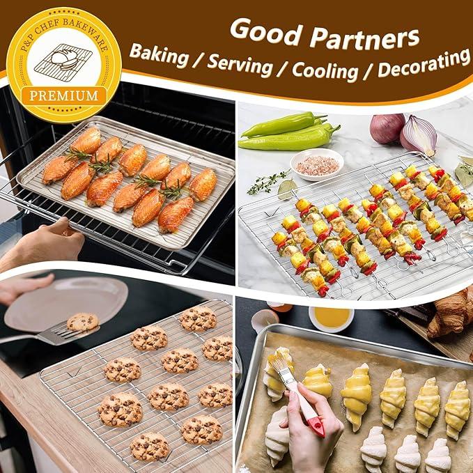 Half Cookie Sheet with Rack Set, P&P CHEF 17.5 Inch Stainless Steel Baking Sheet Pan and Rack for Baking Cooling Cooking, Bake Evenly & Durable, 2 Pans + 2 Racks