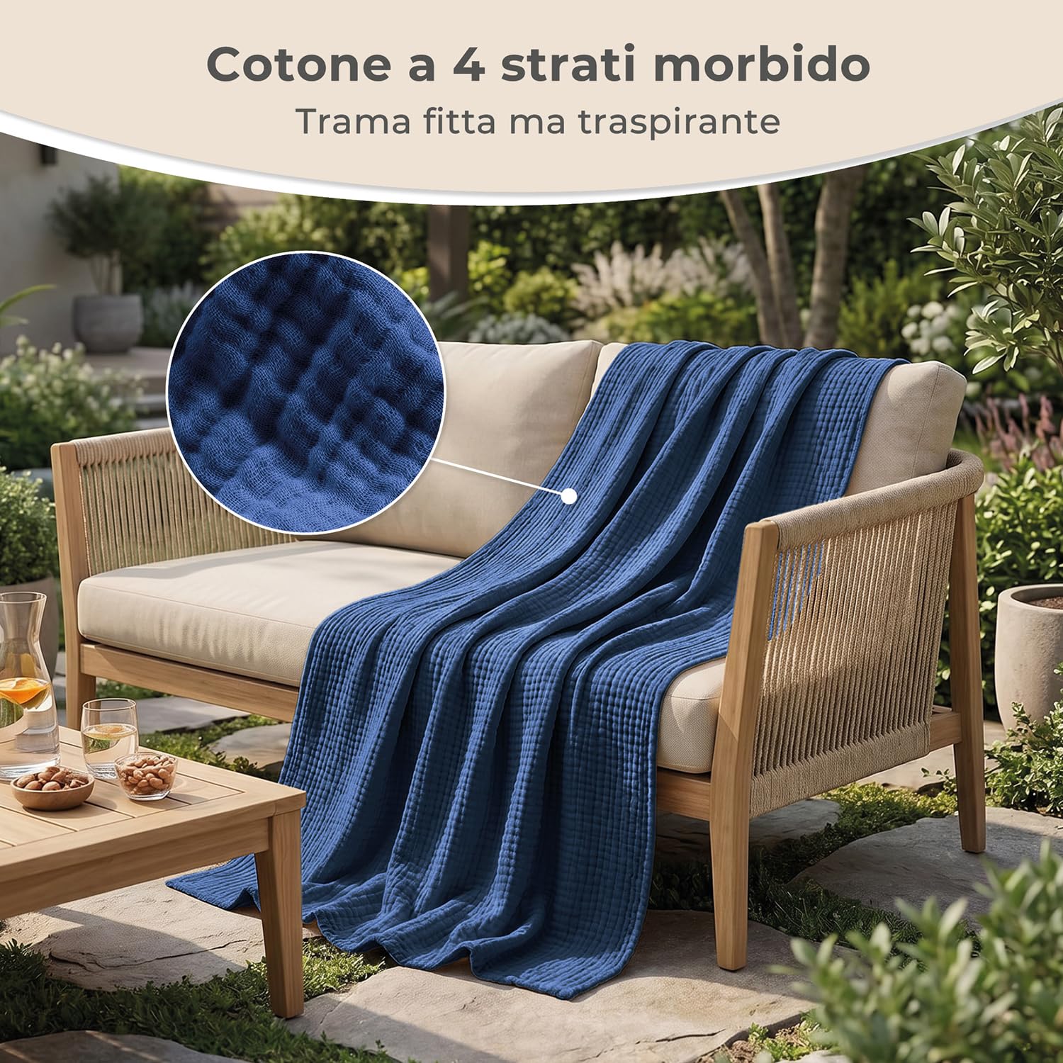 LAYNENBURG Copriletto in mussola Premium 180 x 220 cm - 100% cotone - coperta in cotone extra morbida come coperta accogliente, copriletto, copridivano, copridivano (blu)
