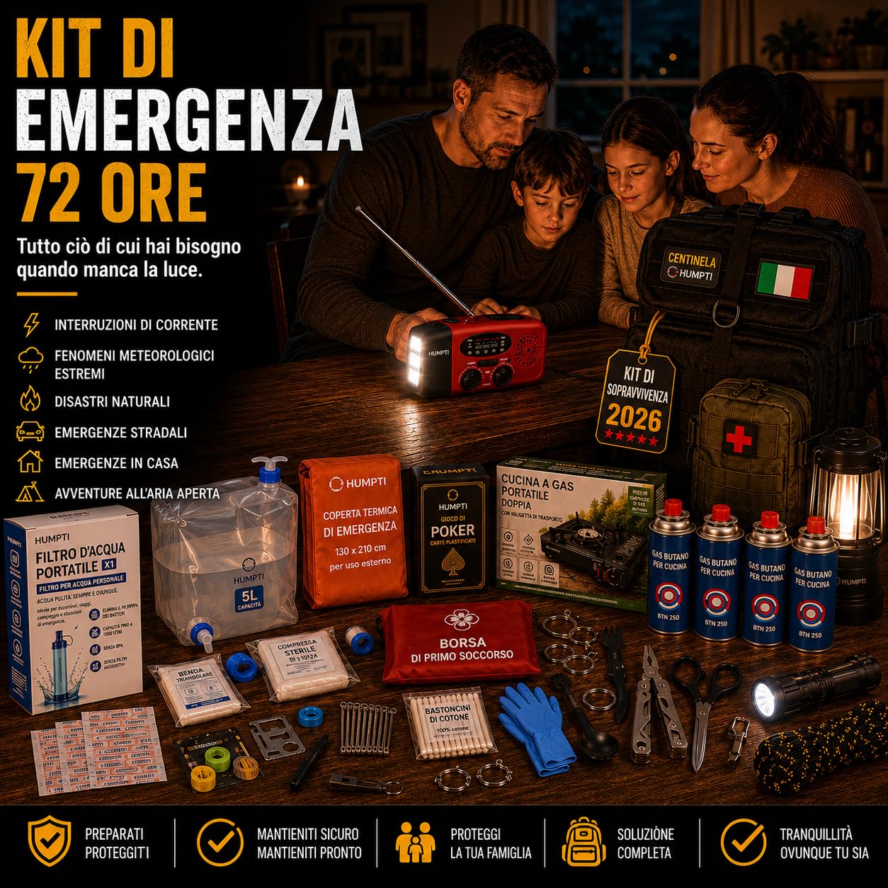 Kit di sopravvivenza completo 2026, zaino emergenza 72 ore per casa e campeggio, con radio solare, fornello da campeggio a gas portatile, 3 lampade, kit di primo soccorso, paracord e coperta termica