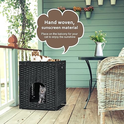 Miniatura 2 de Caja de arena para gatos con alfombrilla de arena suave muebles ocultos de baño para gatos con puerta casa de gato de ratán tejida a mano jaula para