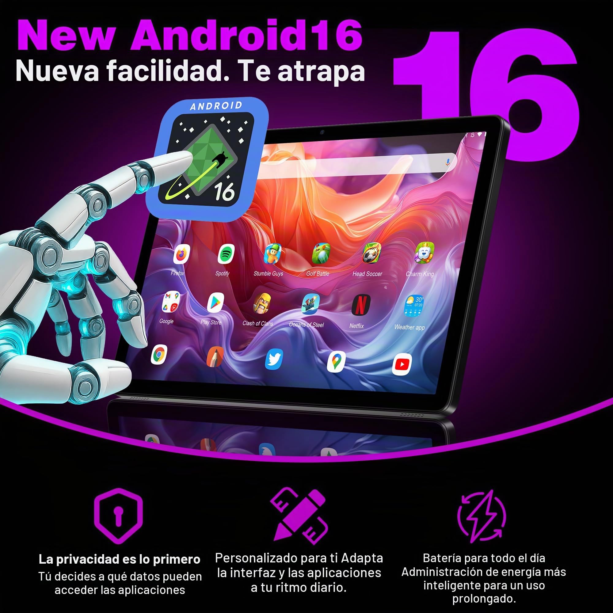 Tablet 11 Pulgadas Android 16 Tableta Gaming Octa-Core T615,4G LTE y 5G WiFi,36GB RAM+ 512GB ROM,Widevine L1,8000 mAh,Cámara 16MP+8MP, GPS,Tablet con Teclado,Nero
