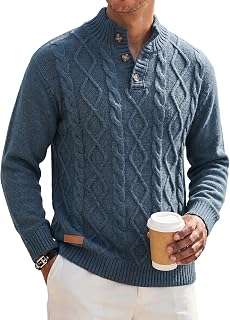 JMIERR Men's Cable Knit Henley Sweater - Soft Viscose Blend Pullover