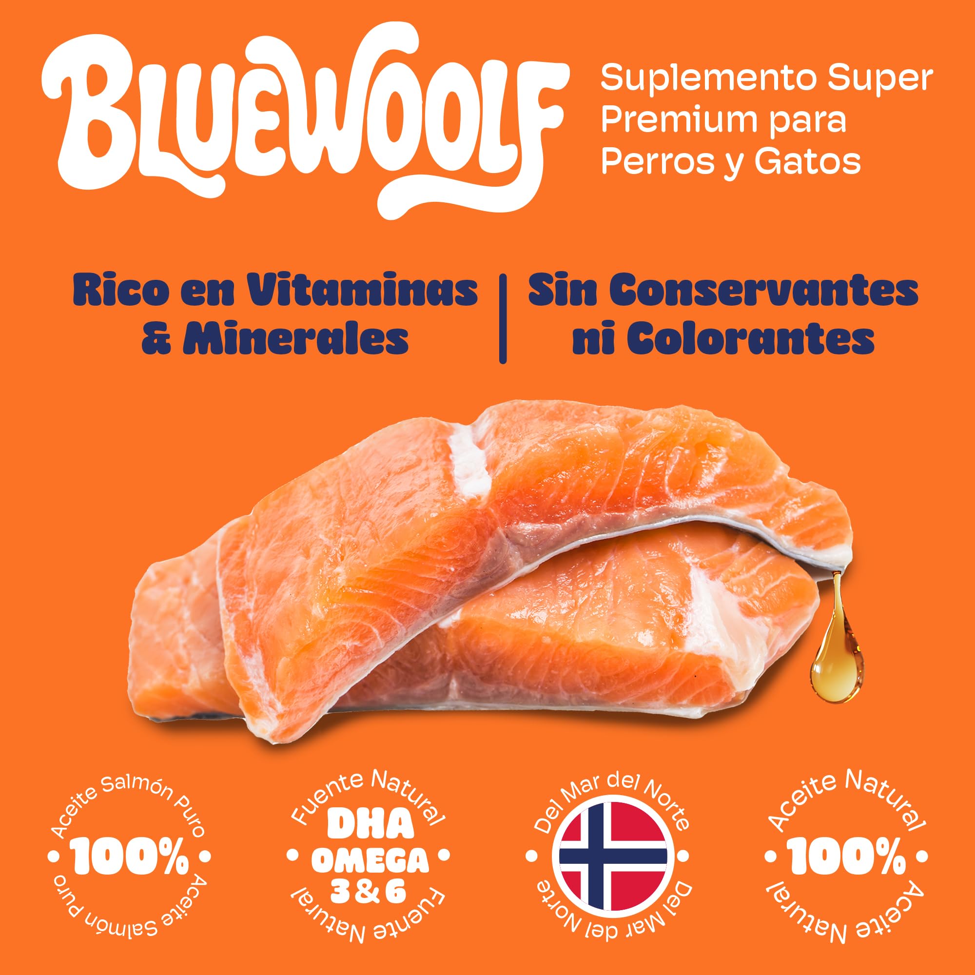 Aceite de Salmon Perros y Gatos 250ml con Omega 3 para Mejora Piel y Pelo Articulaciones y Sistema Inmunitario Salmón para Pienso, Barf y Comida Húmeda Oil for Dogs BlueWoolf - 4