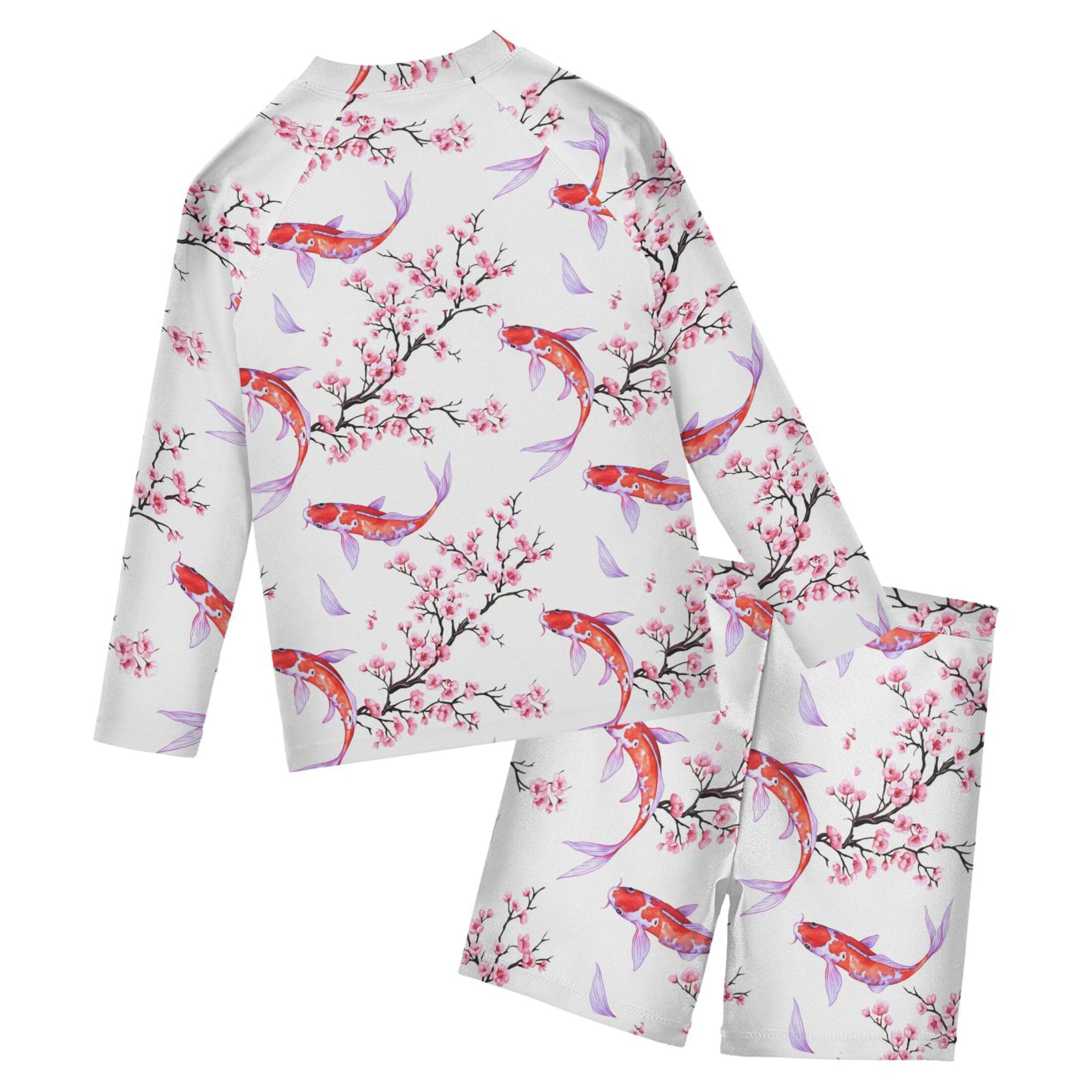 Koi Fish Pink Cherry Blossom Toddler Boys' 2-Piece Swimsuit Trunk, Long Sleeve Rashguard Bathing Suit B0405071